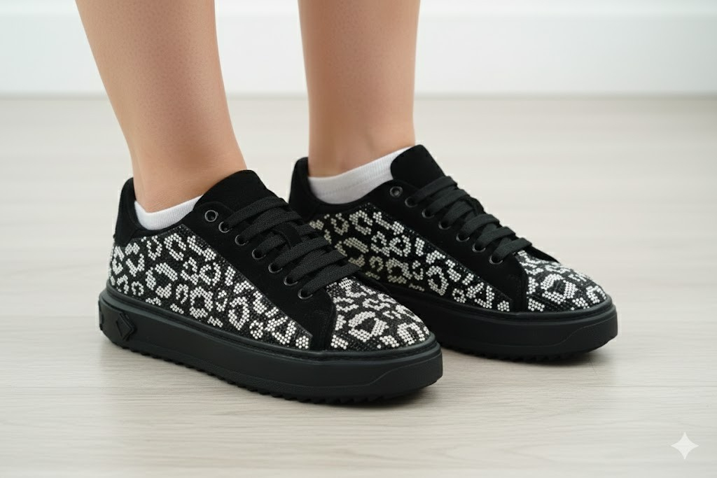 Luvesta Taşlı Sneaker Gri - Siyah Leopar