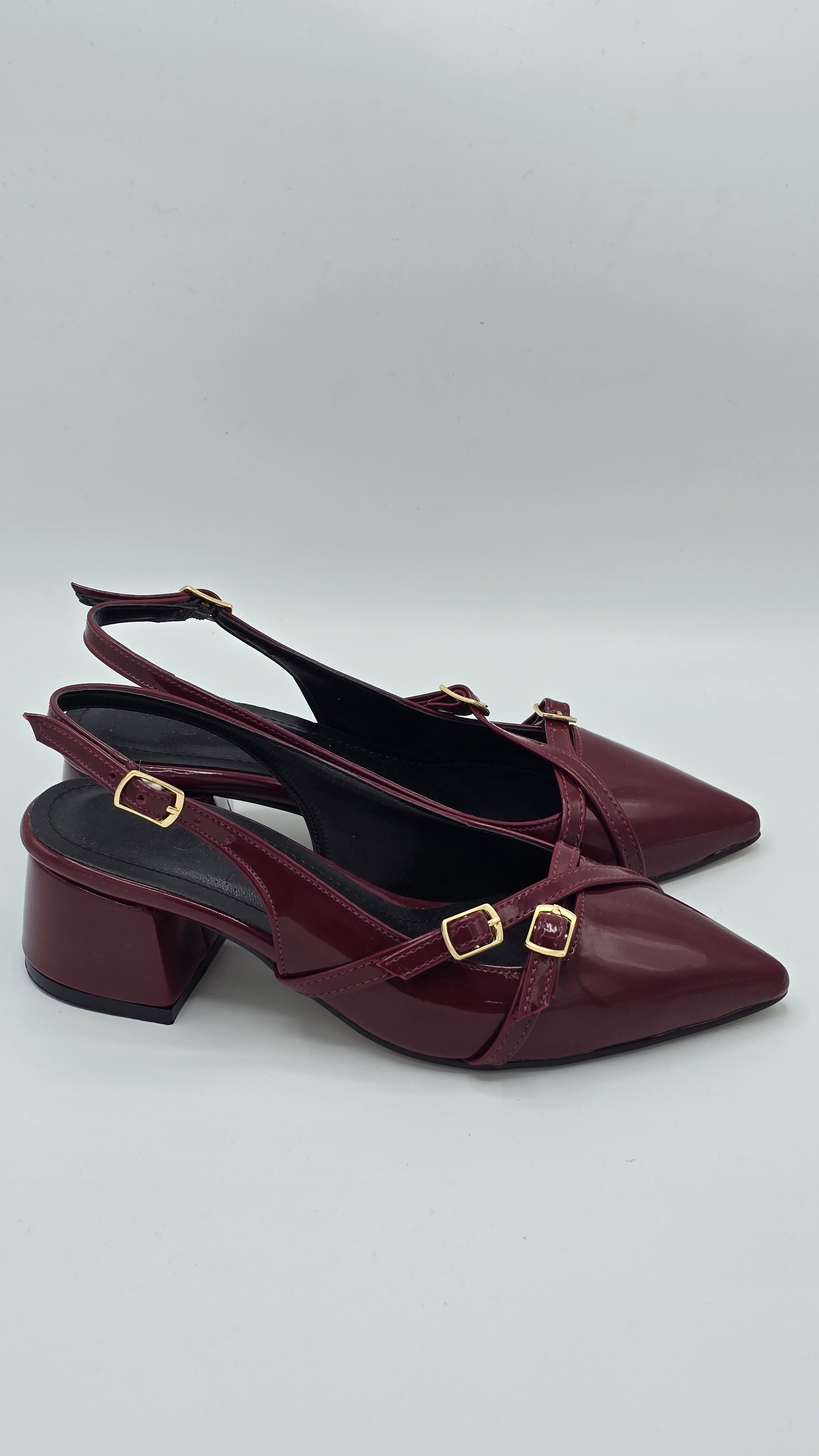 luvestashoes açık topuklu toka detaylı rugan stiletto bordo
