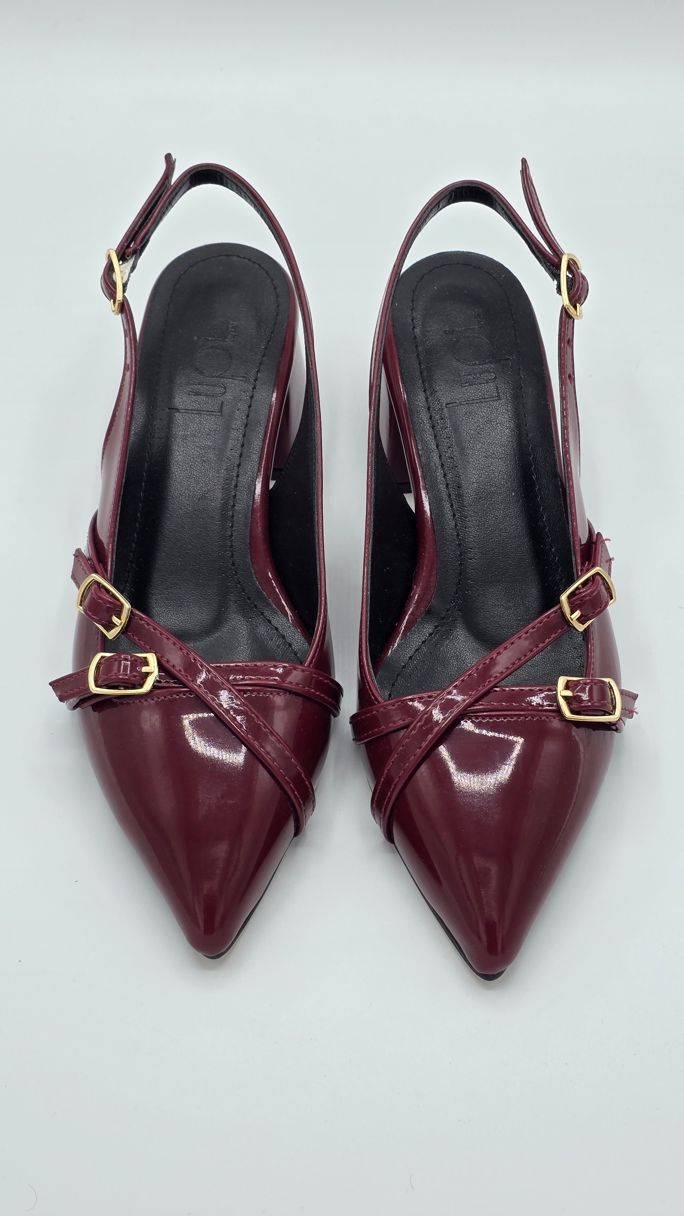 luvestashoes açık topuklu toka detaylı rugan stiletto bordo
