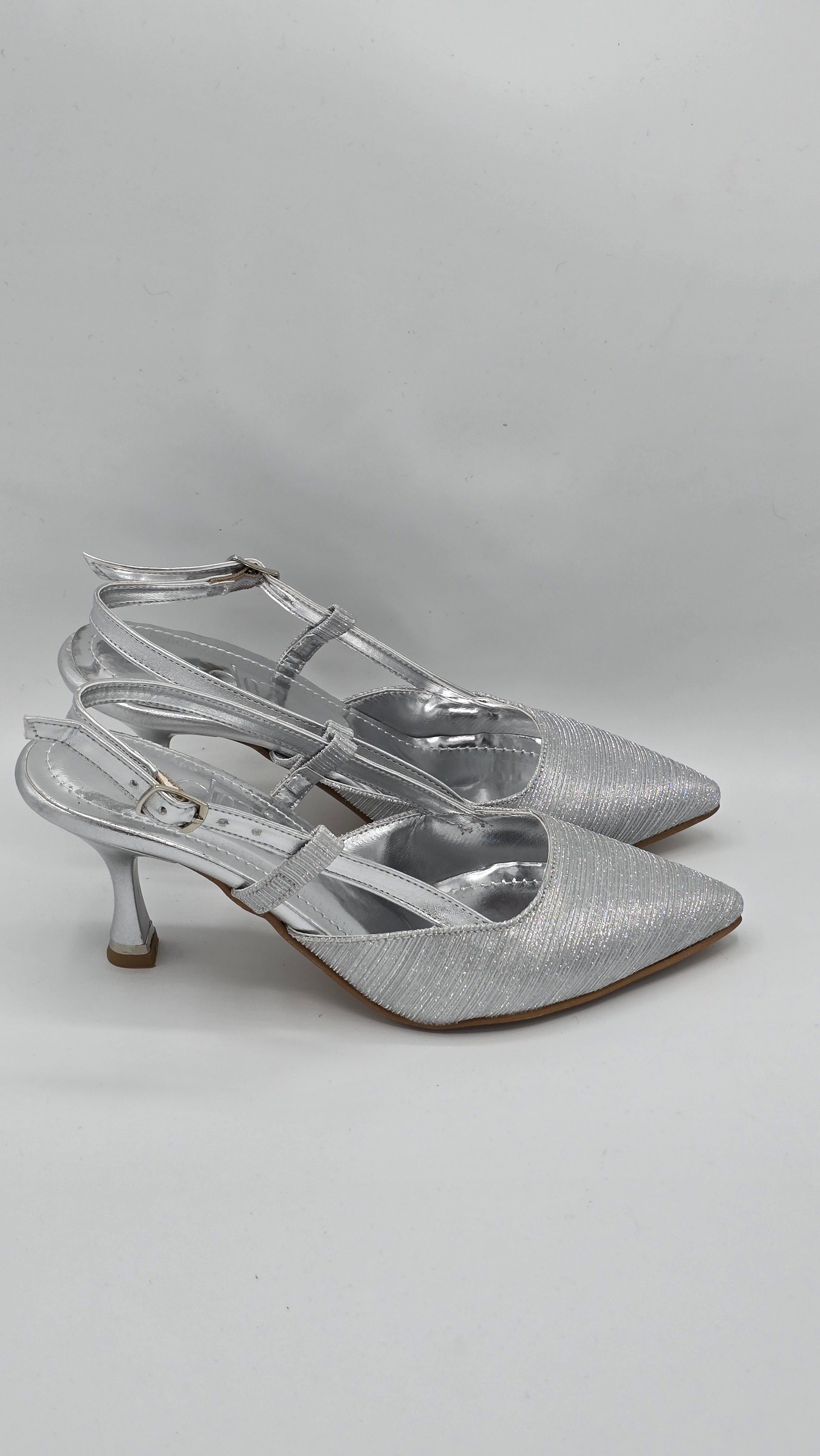 Luvestashoes Gümüş Çift Paralel Bantlı Kadeh Topuklu Ortopedik Stiletto