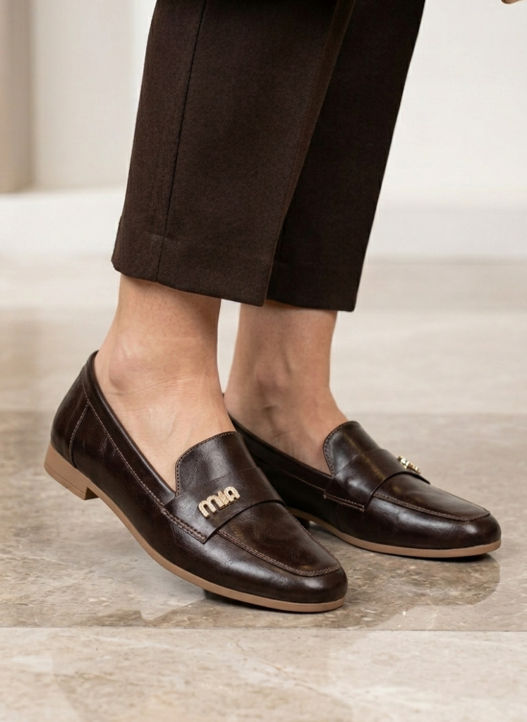 Luvestashoes Kahve Deri Gold Logolu Klasik Günlük Şık Babet