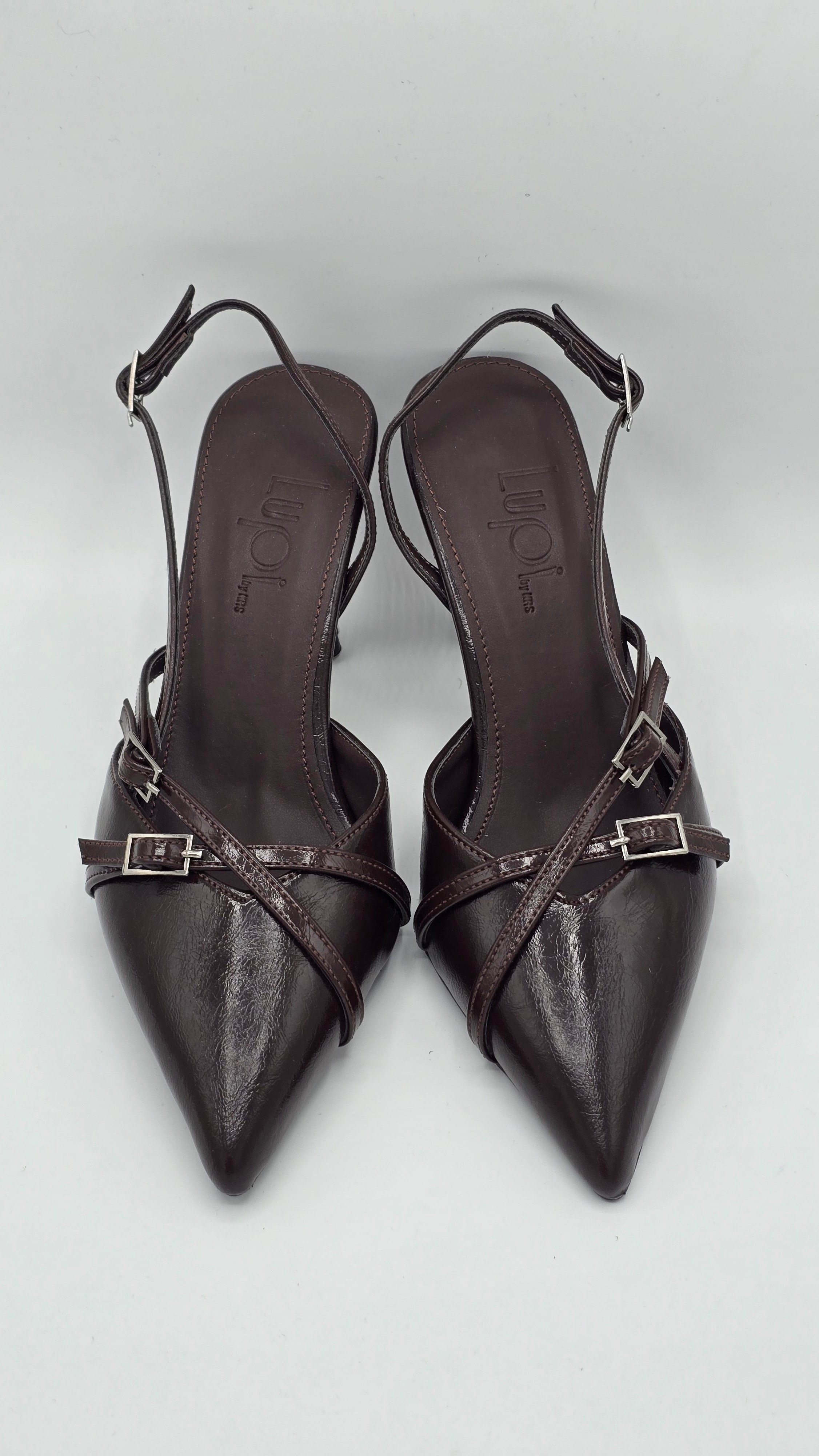 Luvestashoes Rugan Acı Kahve Çapraz Kemerli Ortopedik Stiletto