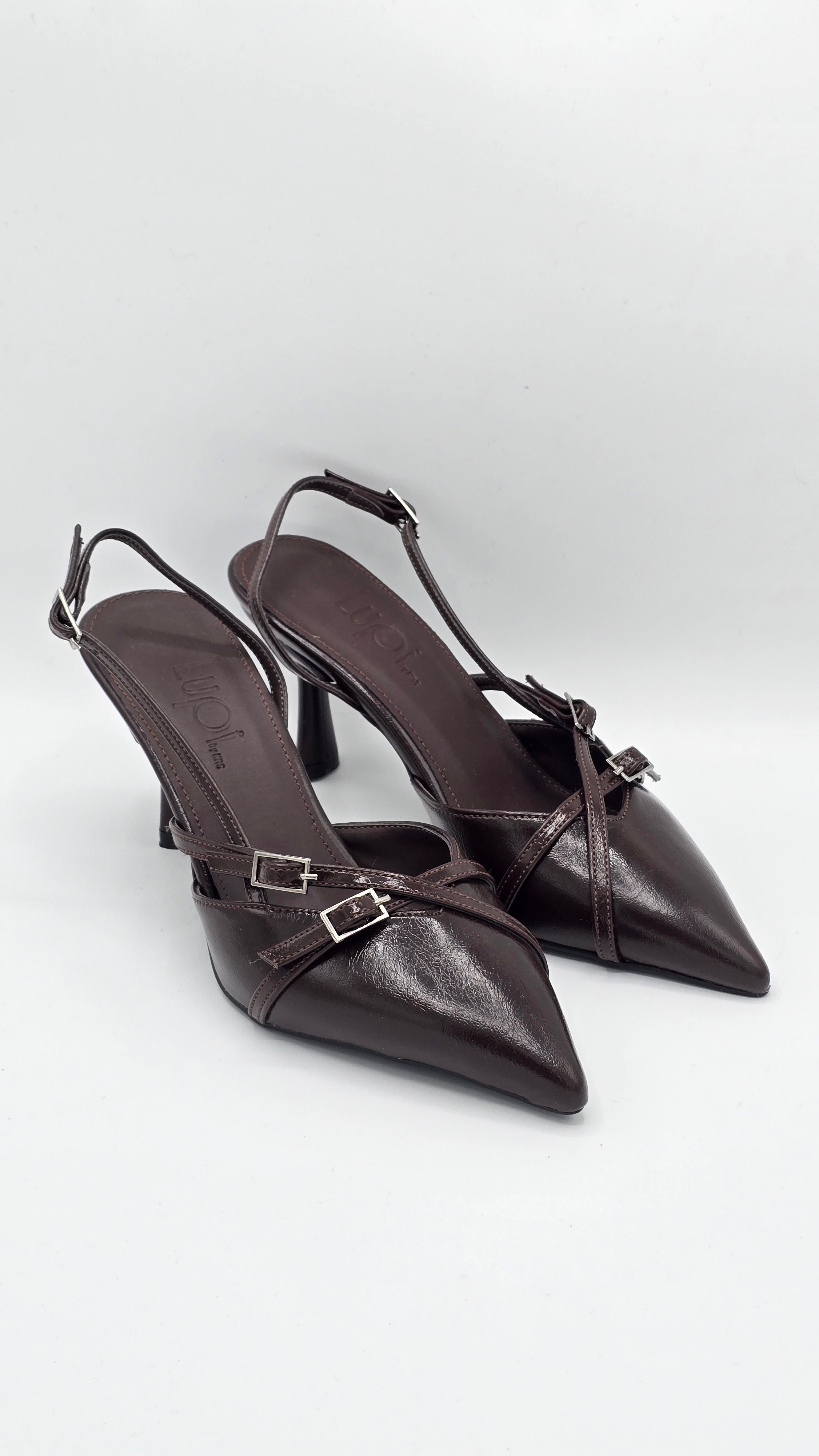 Luvestashoes Rugan Acı Kahve Çapraz Kemerli Ortopedik Stiletto