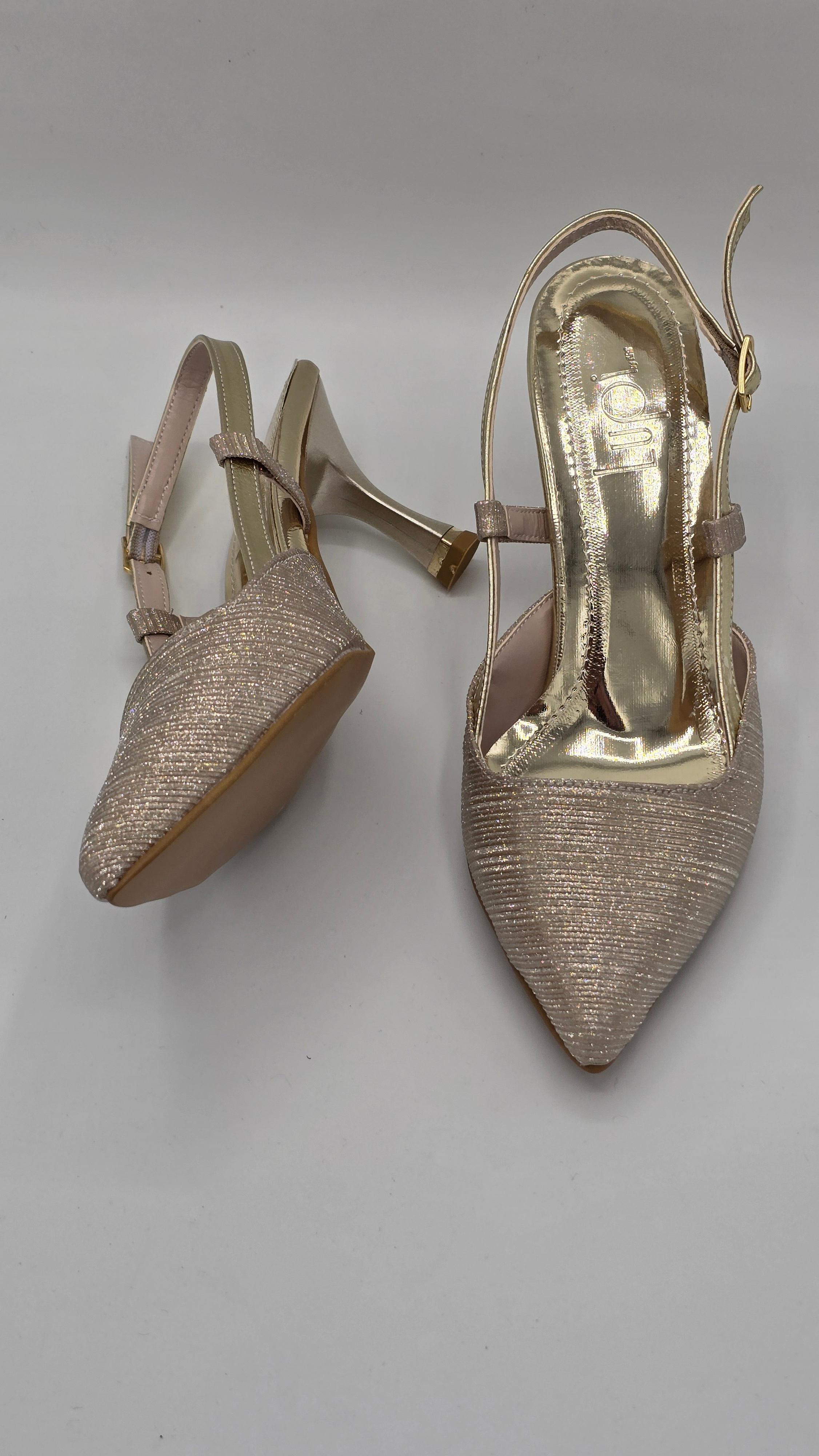 Luvestashoes Şampanya Işıltılı Çift Bantlı Ortopedik Kadeh Topuk Stiletto