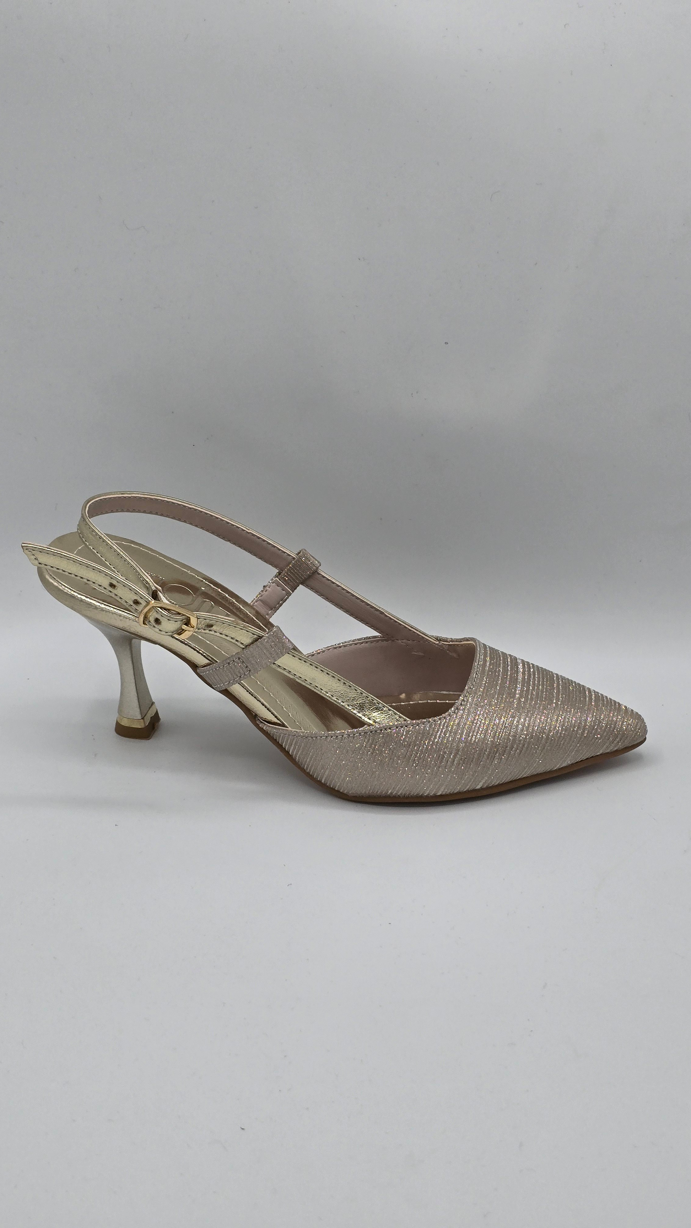 Luvestashoes Şampanya Işıltılı Çift Bantlı Ortopedik Kadeh Topuk Stiletto