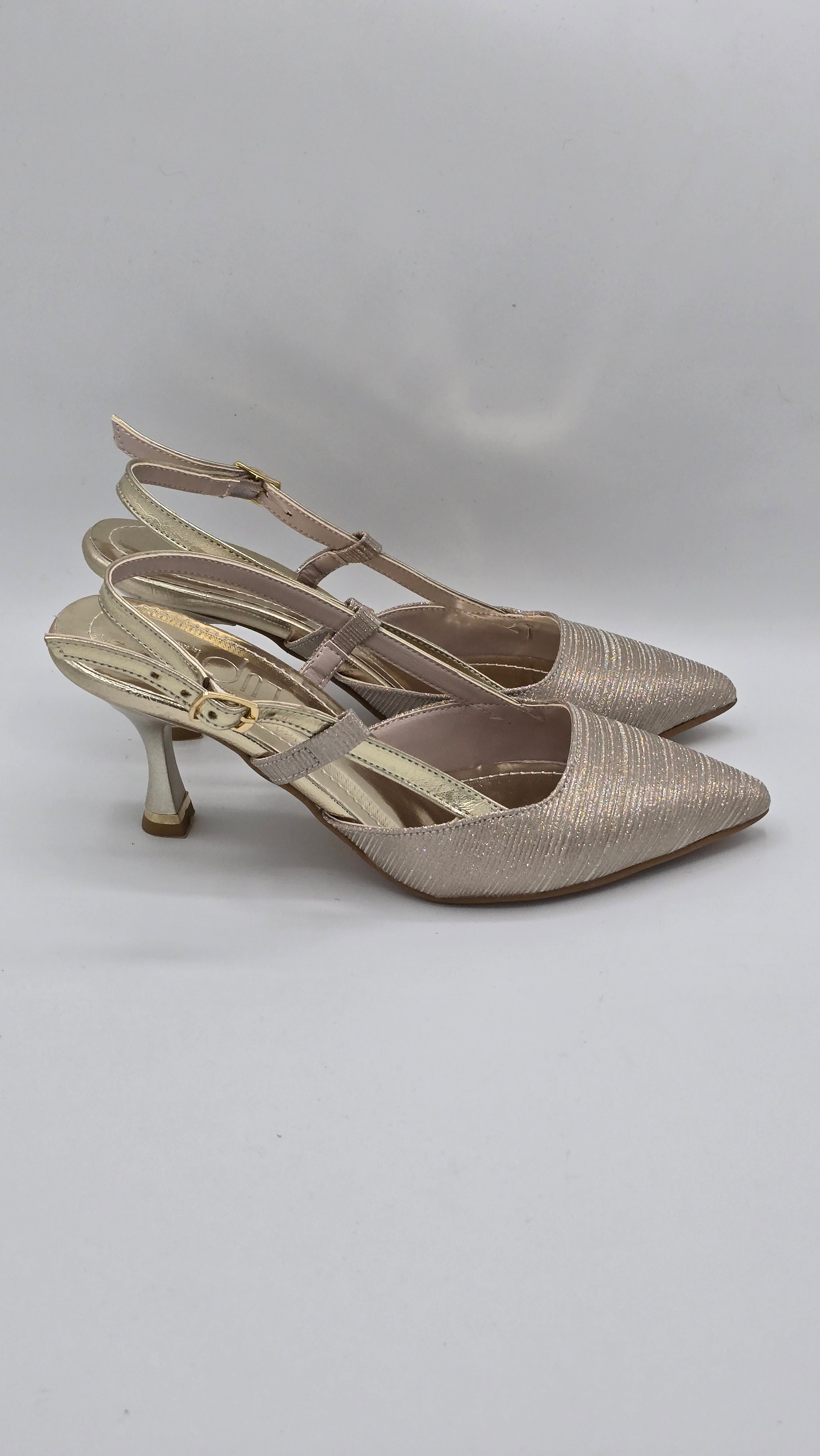 Luvestashoes Şampanya Işıltılı Çift Bantlı Ortopedik Kadeh Topuk Stiletto