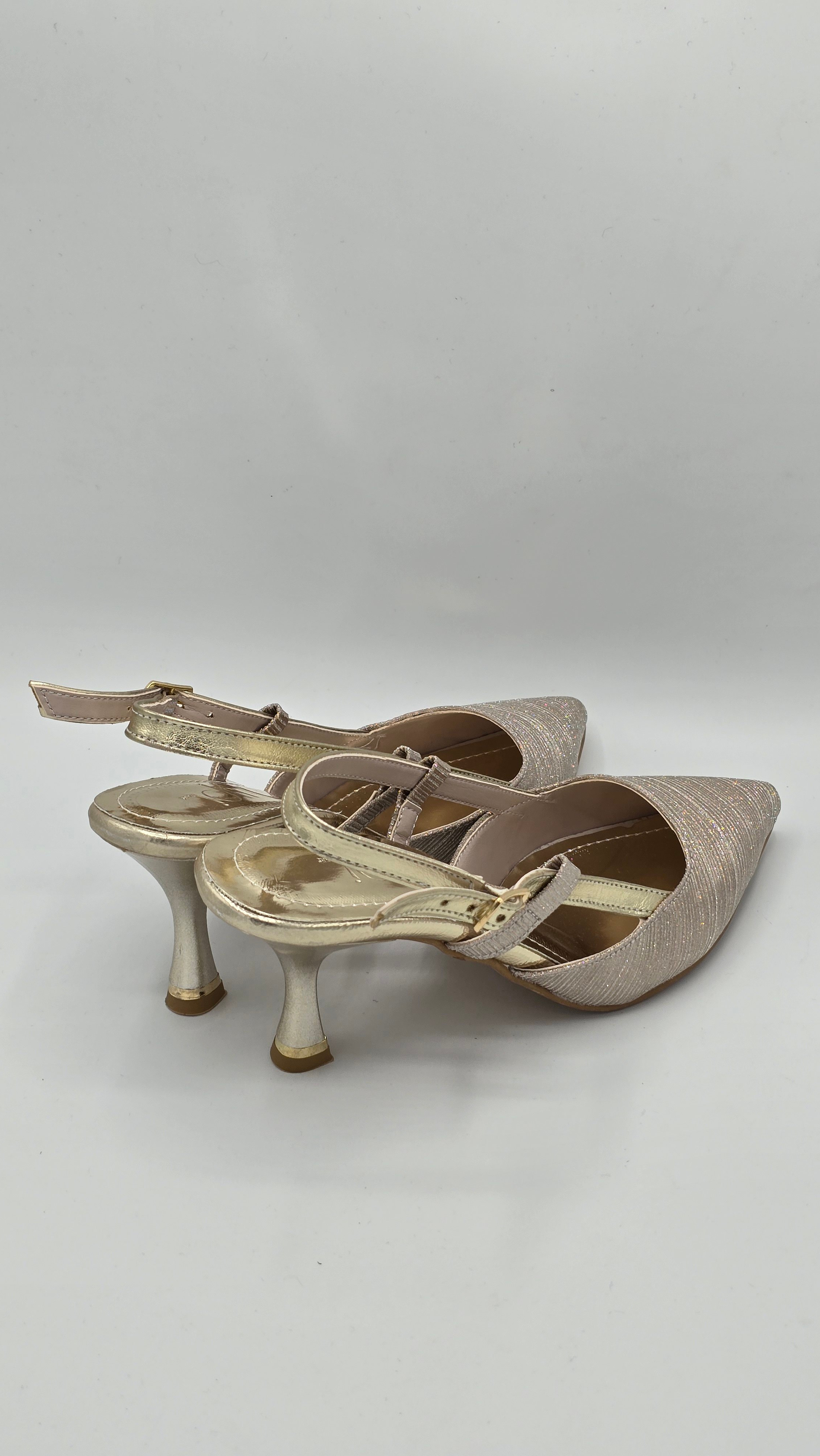 Luvestashoes Şampanya Işıltılı Çift Bantlı Ortopedik Kadeh Topuk Stiletto
