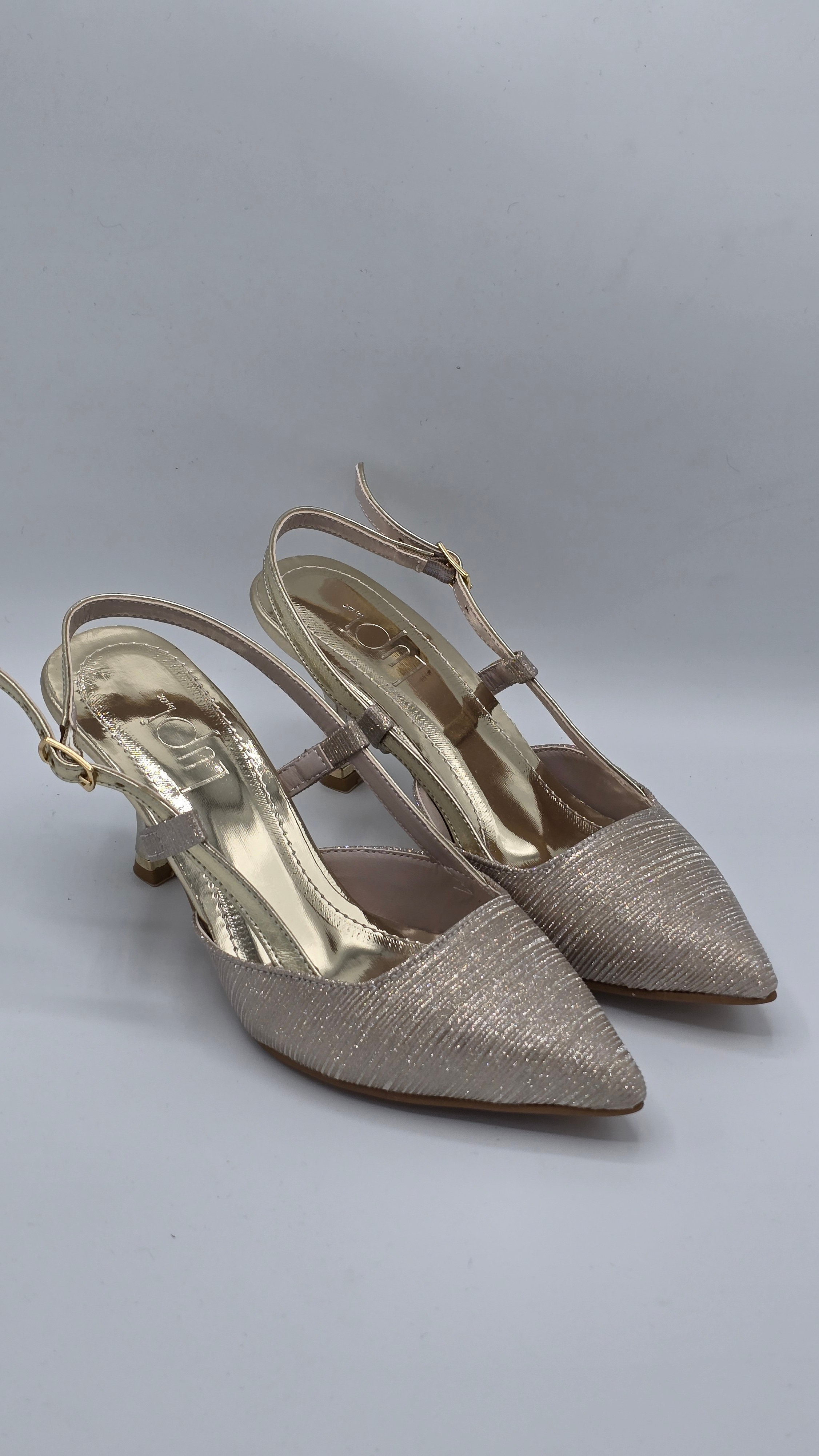 Luvestashoes Şampanya Işıltılı Çift Bantlı Ortopedik Kadeh Topuk Stiletto