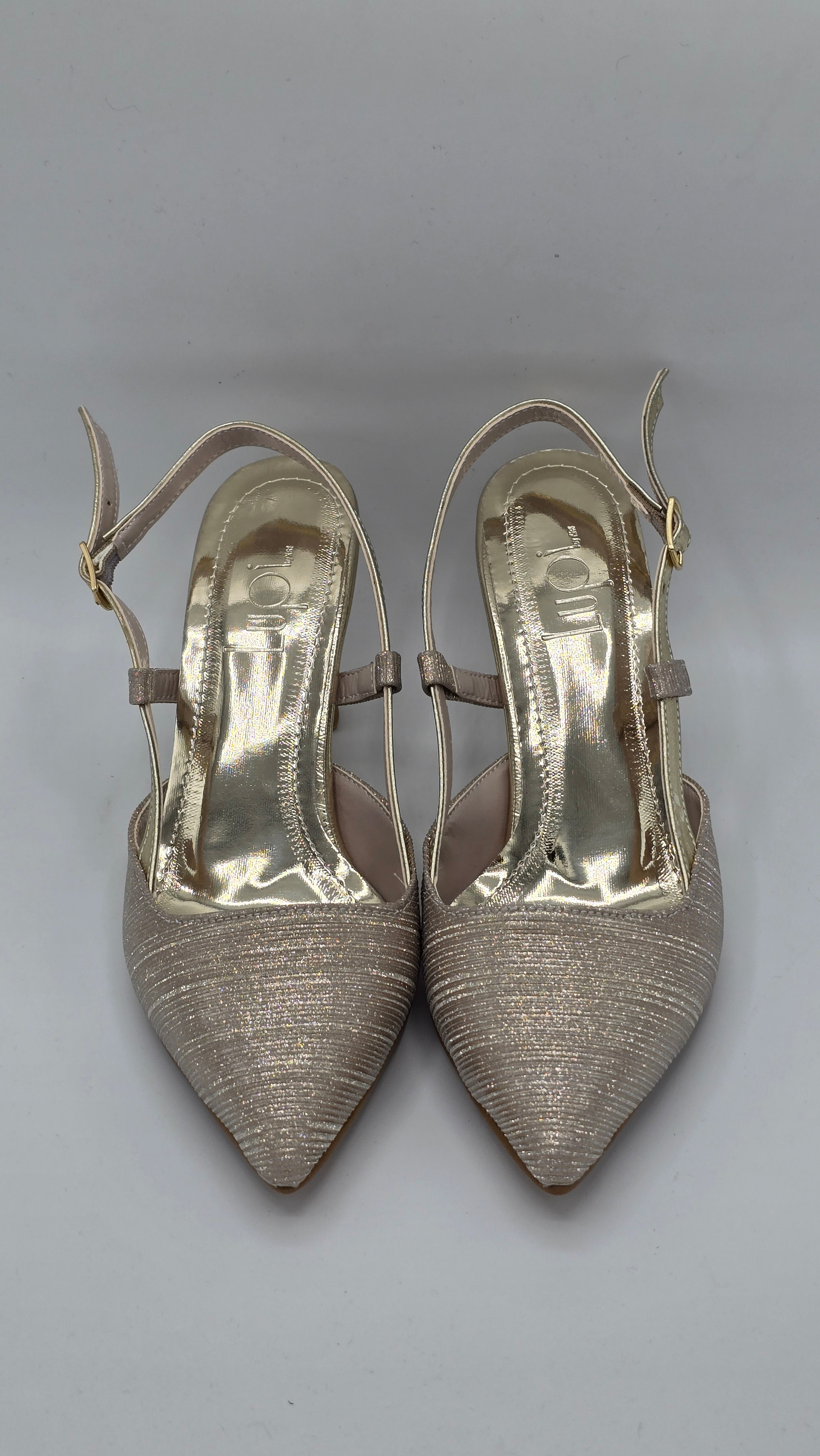 Luvestashoes Şampanya Işıltılı Çift Bantlı Ortopedik Kadeh Topuk Stiletto