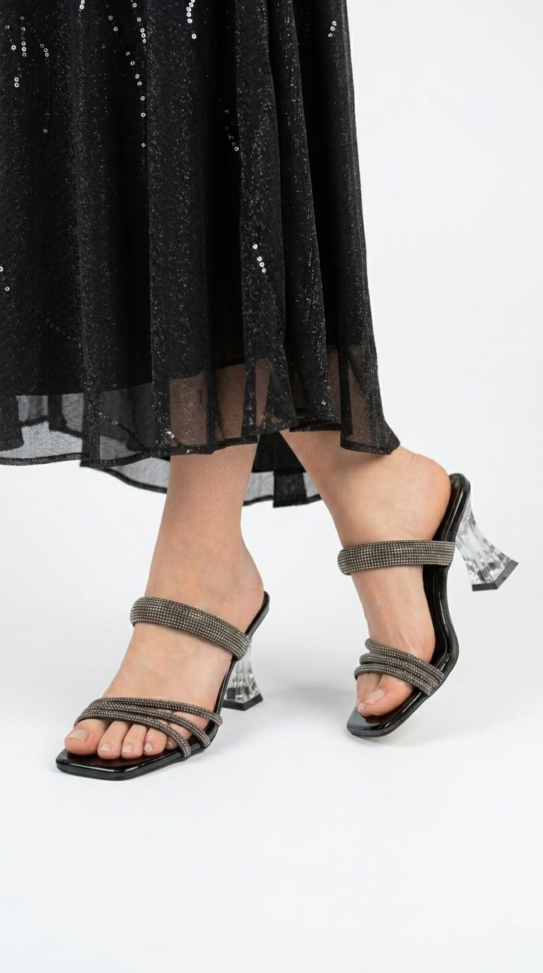 LUVESTASHOES SİMLİ TAŞLI KARE BURUNLU TOPUKLU TERLİK SİYAH