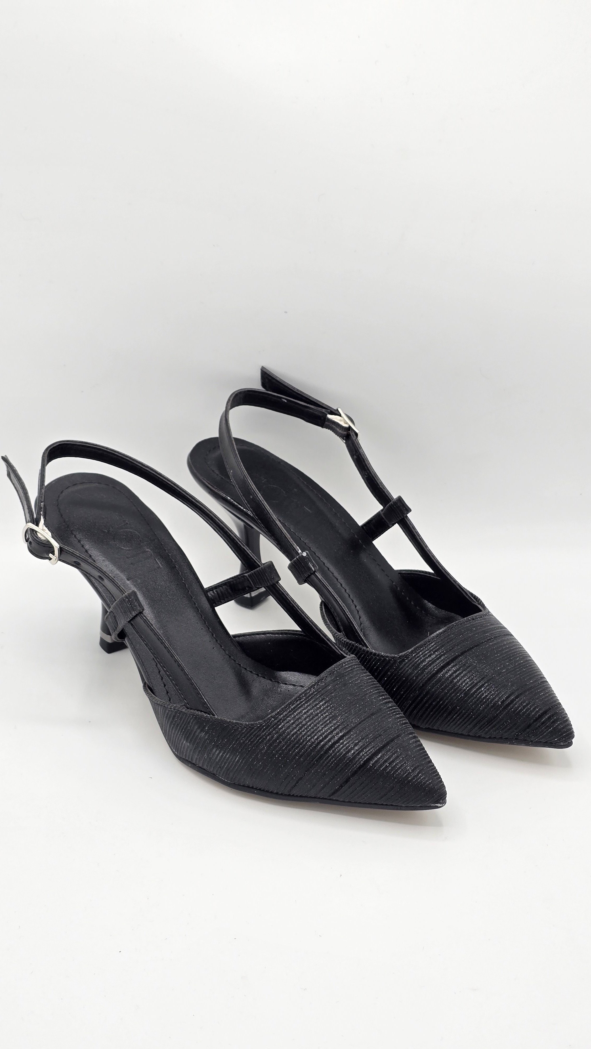 Luvestashoes Siyah Işıltılı Çift Bantlı Ortopedik Kadeh Topuk Stiletto