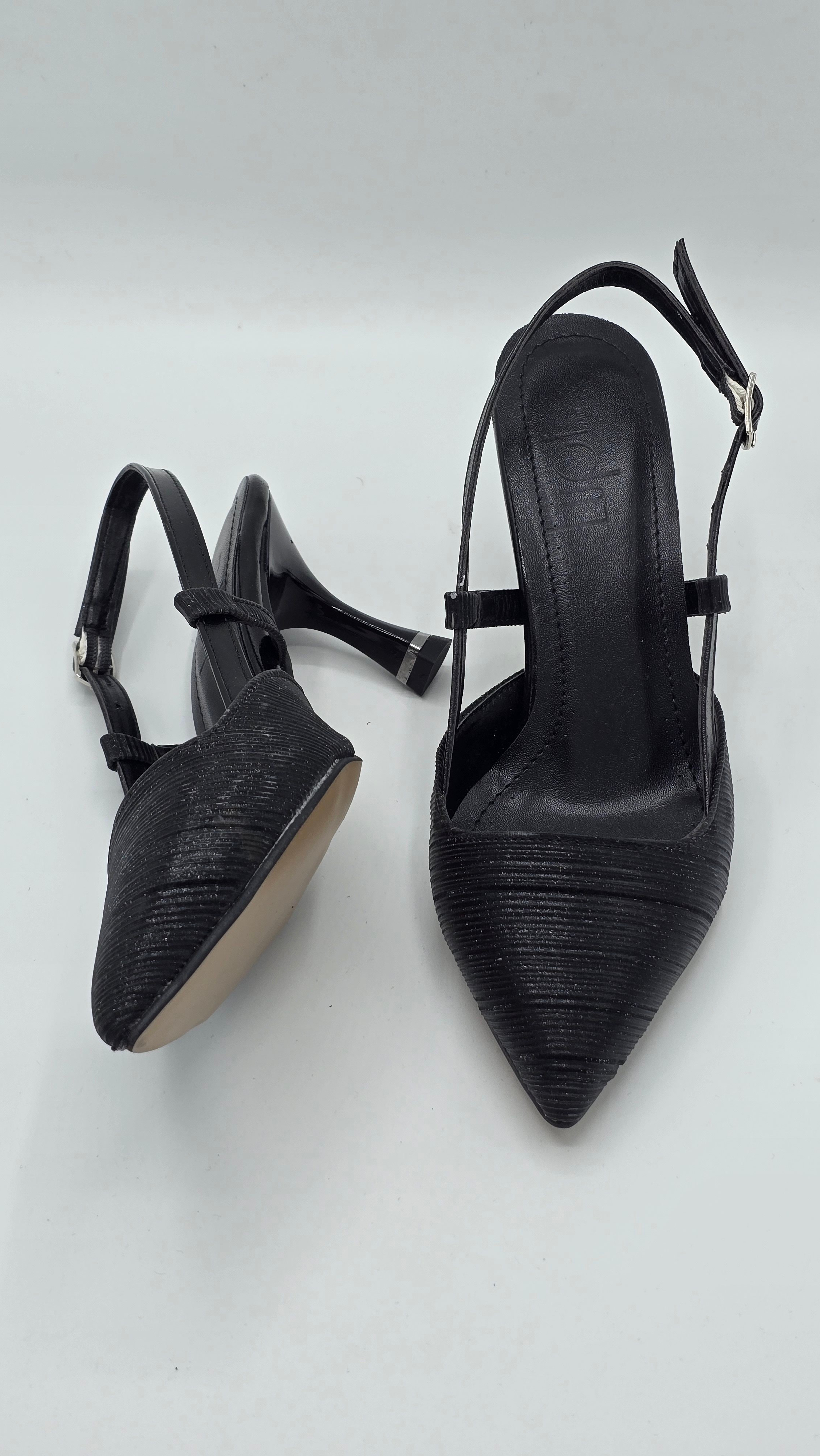 Luvestashoes Siyah Işıltılı Çift Bantlı Ortopedik Kadeh Topuk Stiletto