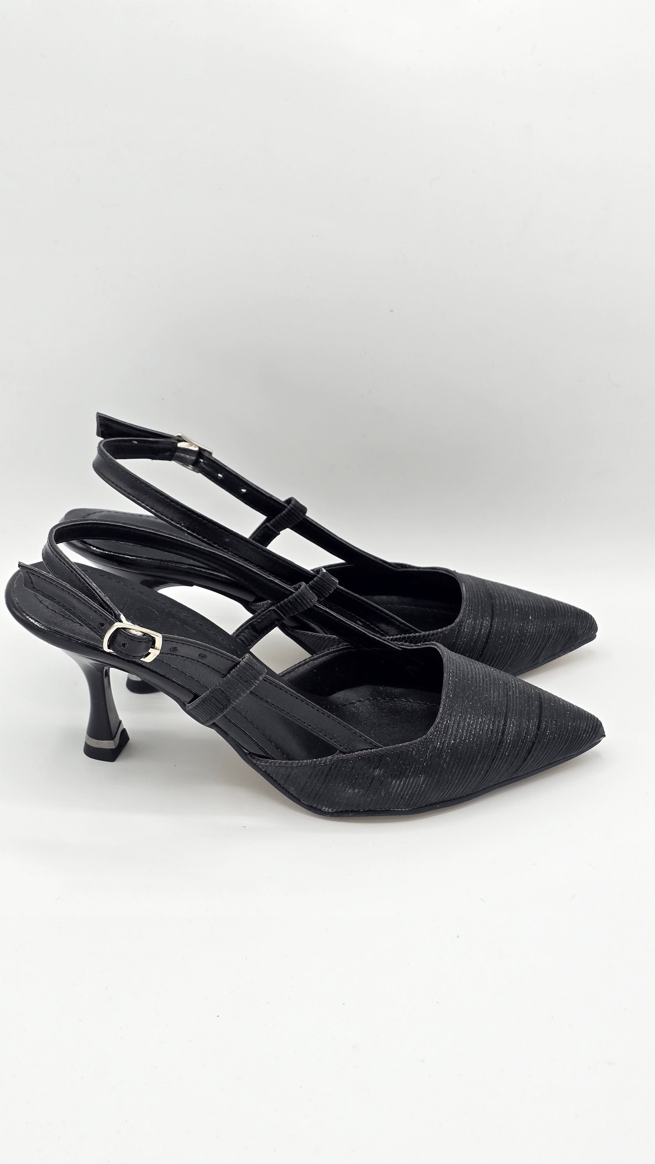 Luvestashoes Siyah Işıltılı Çift Bantlı Ortopedik Kadeh Topuk Stiletto