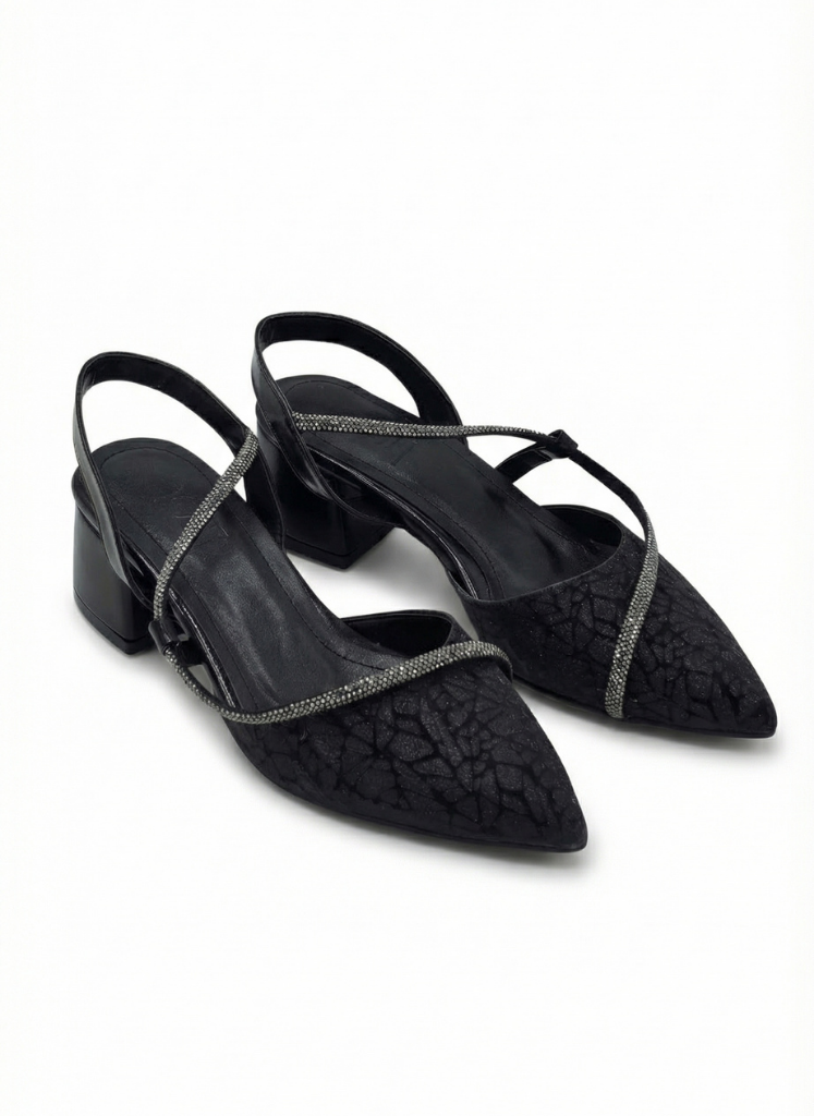 Luvestashoes Siyah Taş Şerit Detaylı Simli Topuklu Stiletto