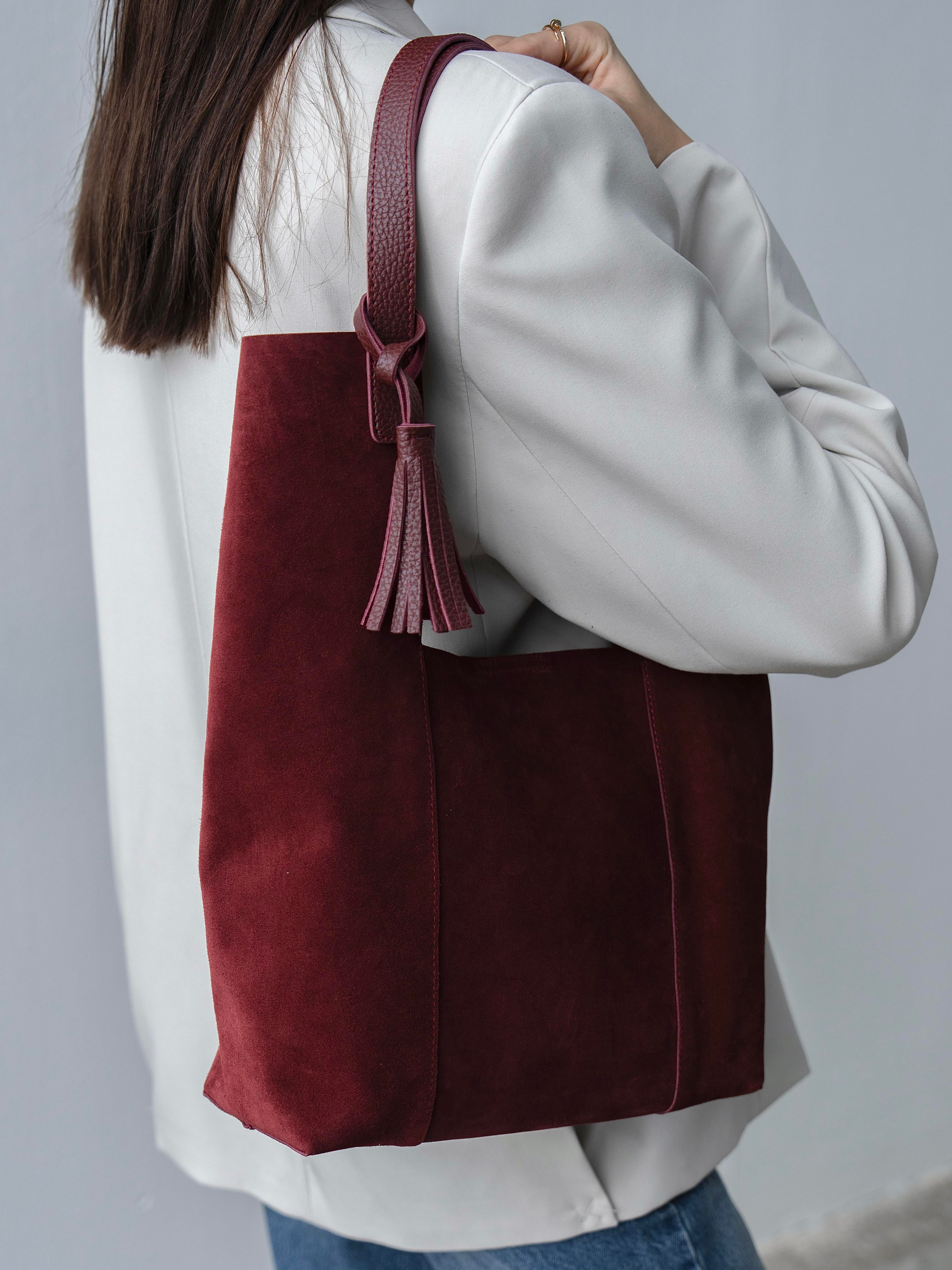 6414 Bordo Süet Hakiki Süet Kadın Çanta