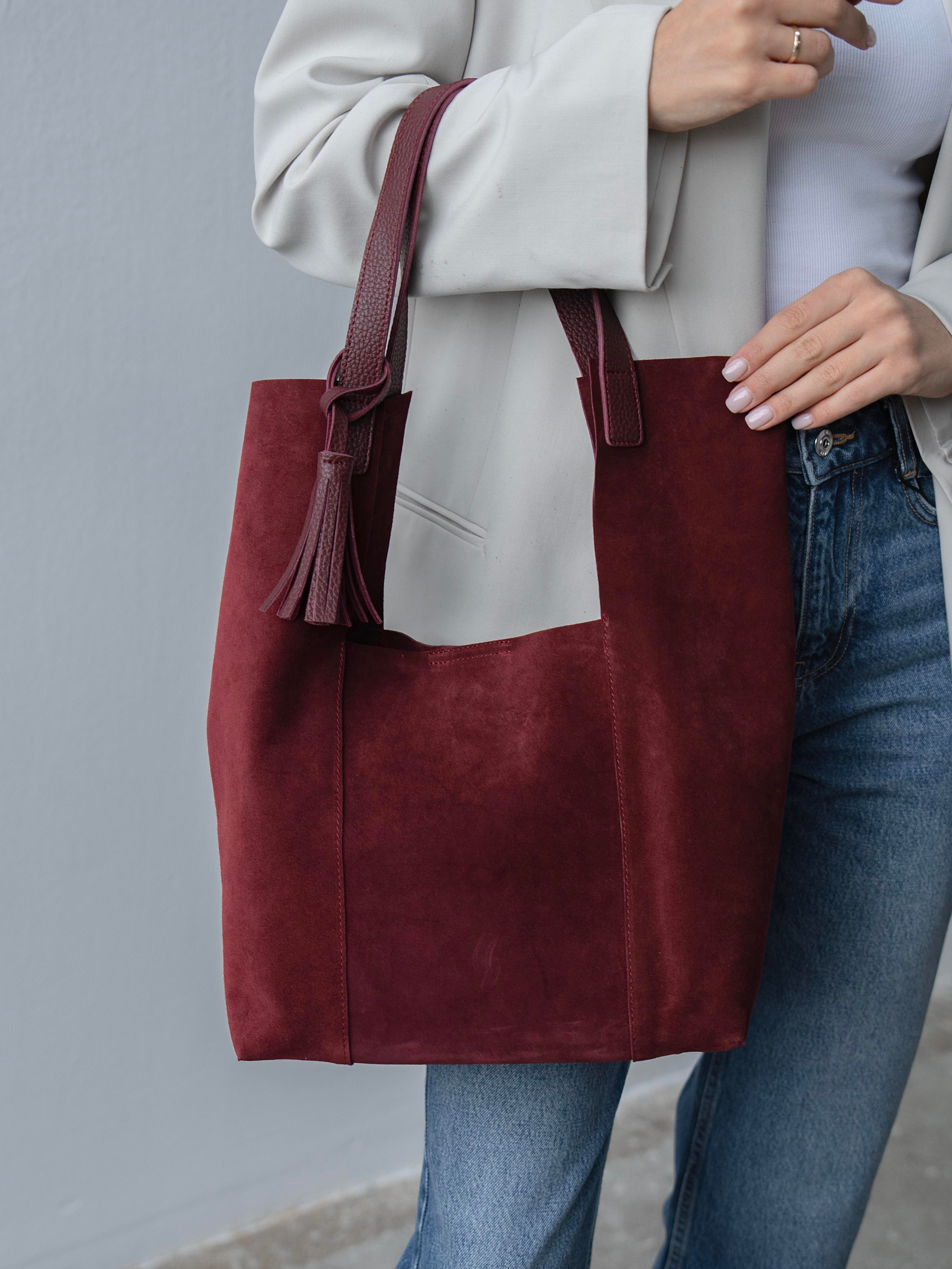 6414 Bordo Süet Hakiki Süet Kadın Çanta