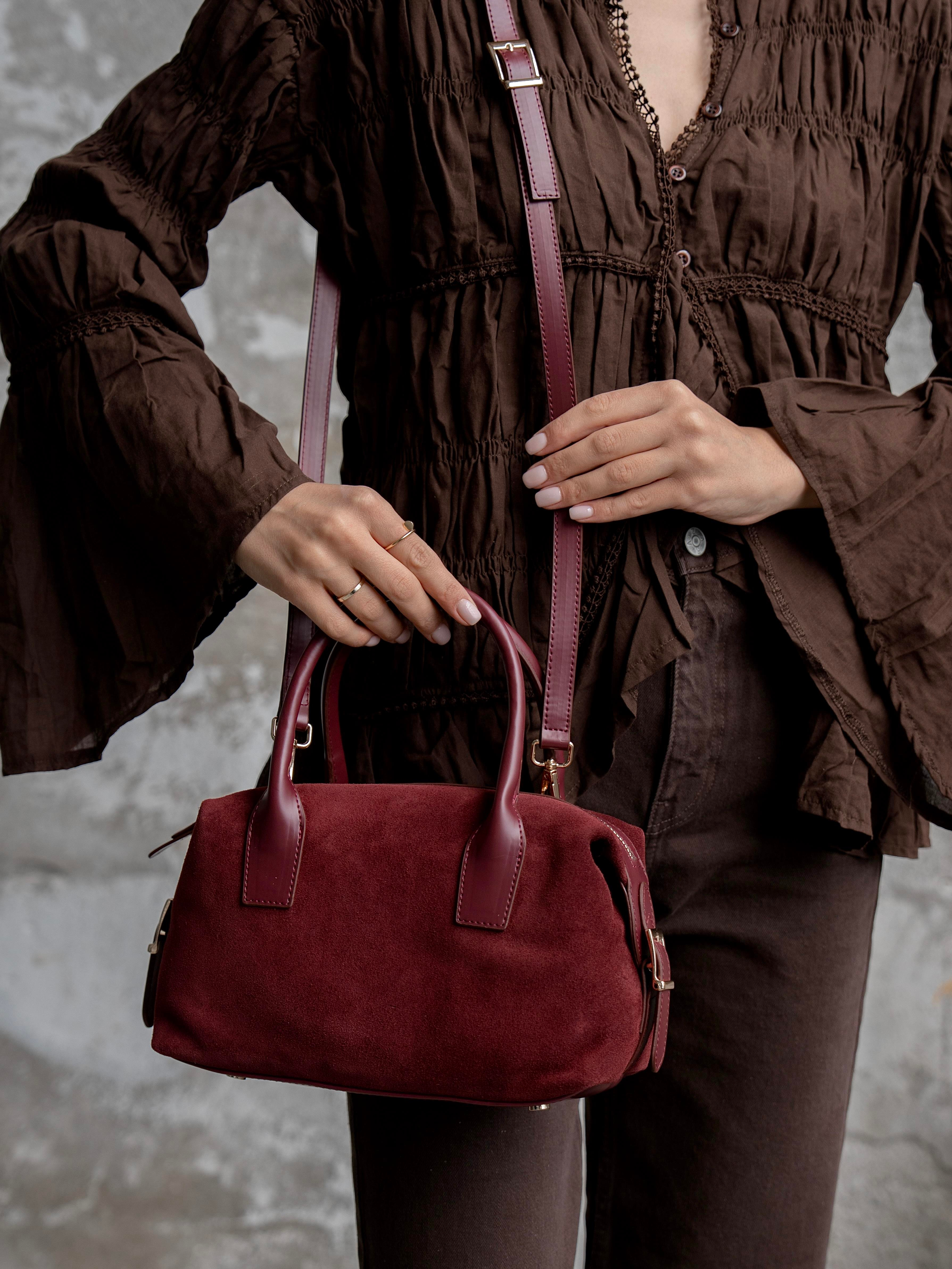 6417 Bordo Süet Hakiki Deri Kadın Çanta