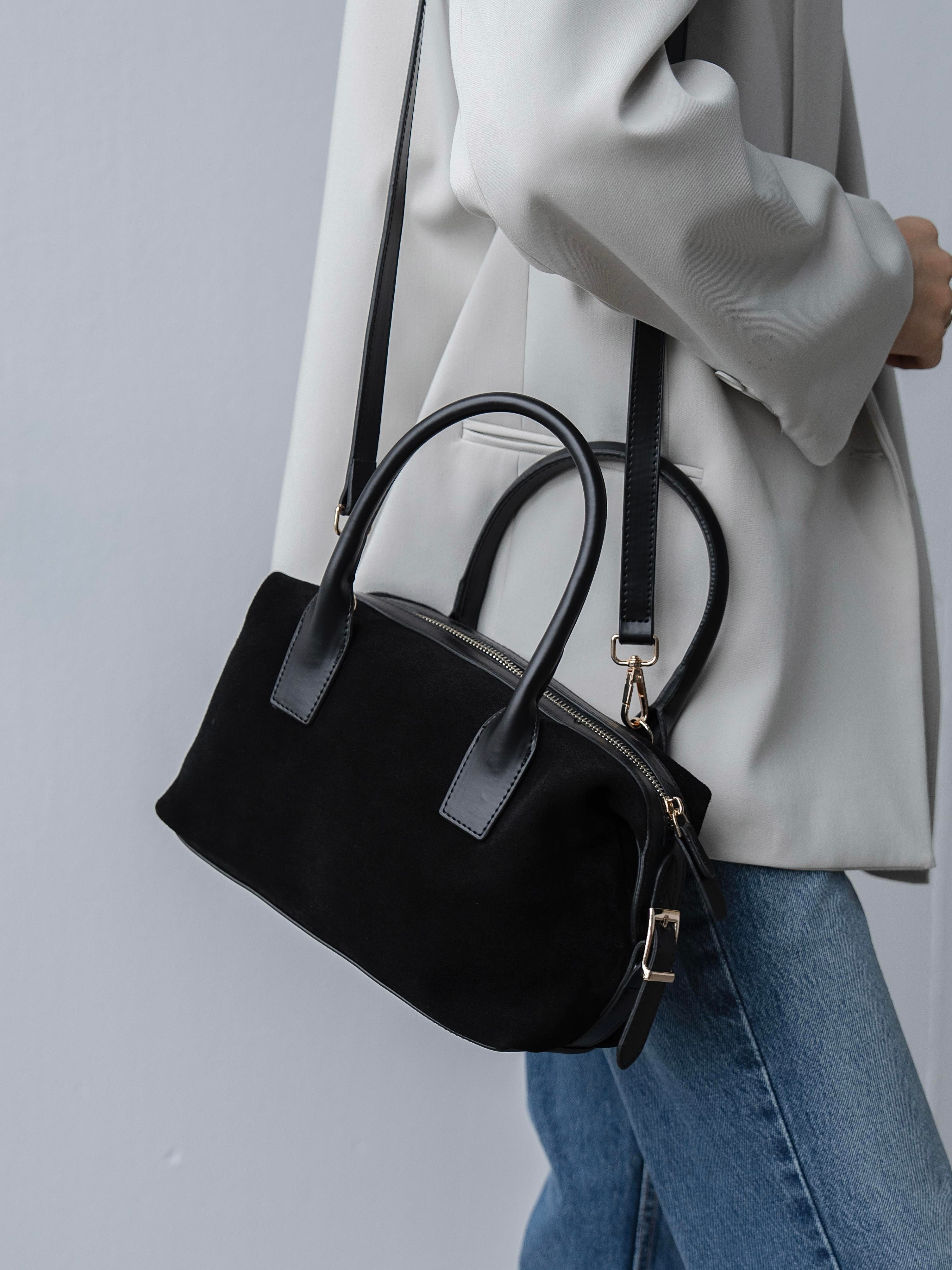 6417 Siyah Süet Hakiki Deri Kadın Çanta