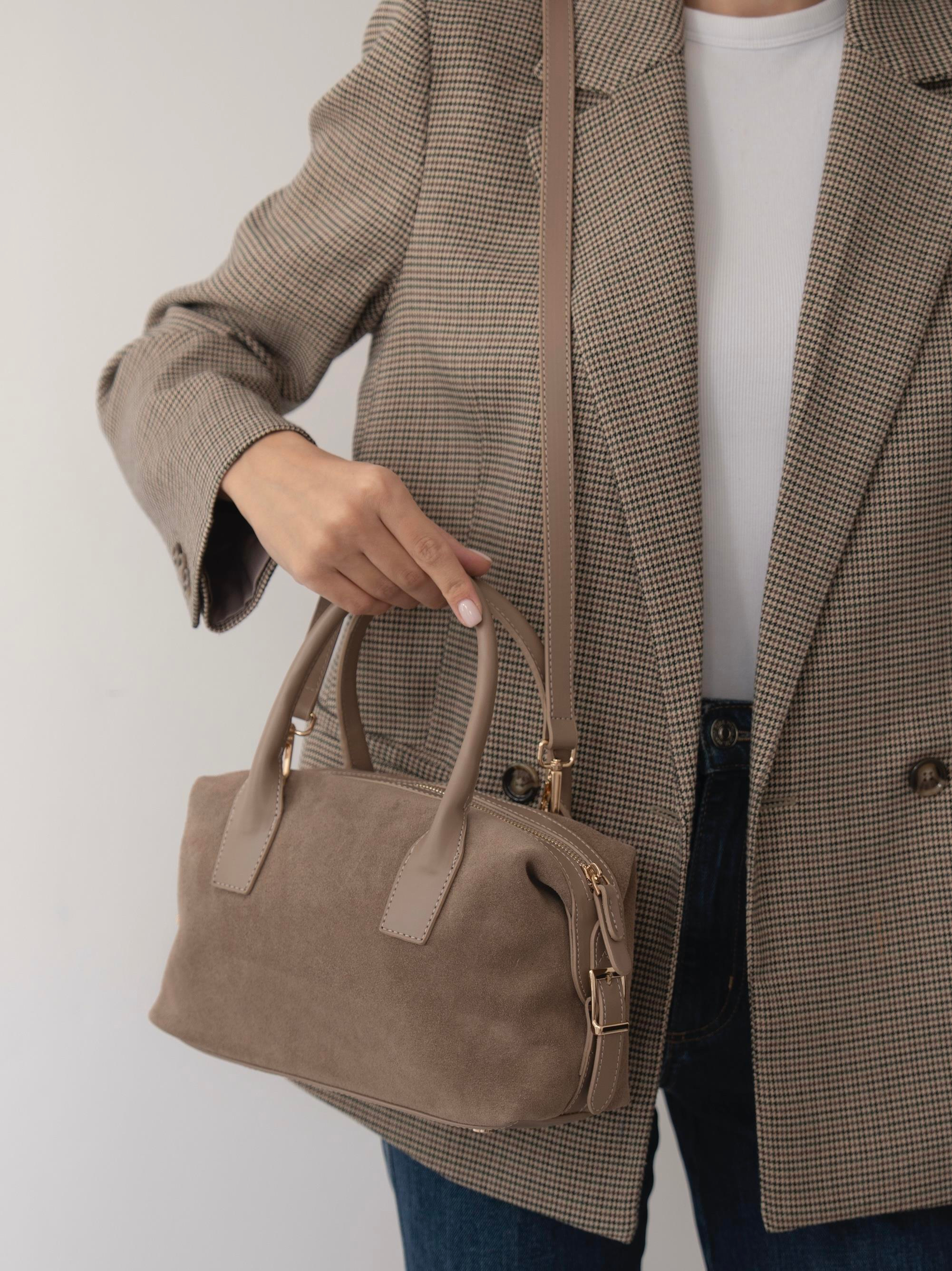 6417 Vizon Süet Hakiki Deri Kadın Çanta