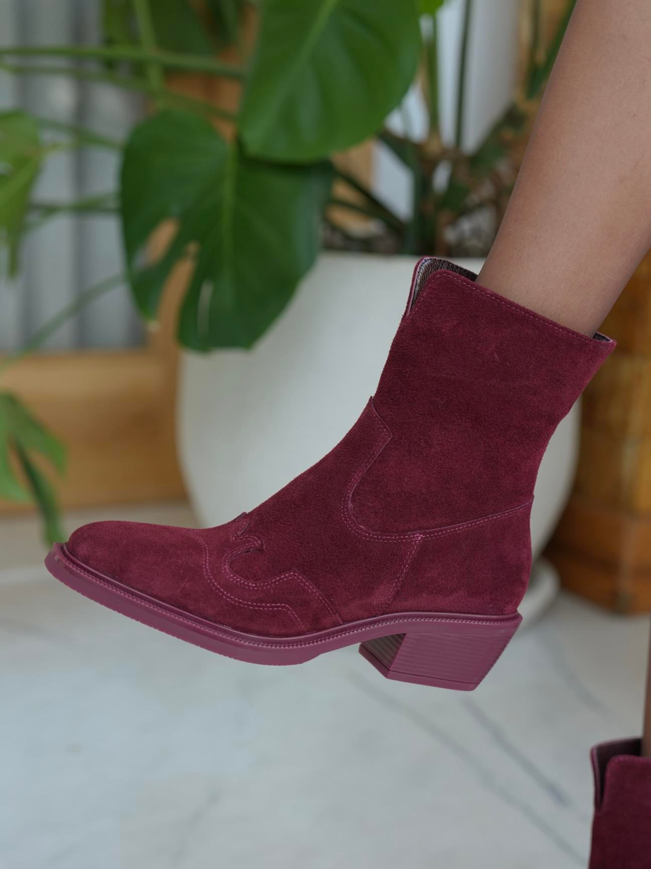 Krowe Bordo Süet Hakiki Deri Kadın Bot