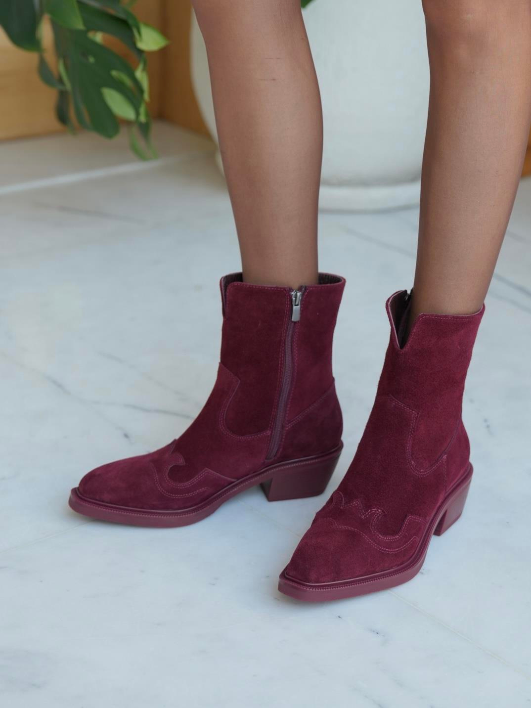 Krowe Bordo Süet Hakiki Deri Kadın Bot