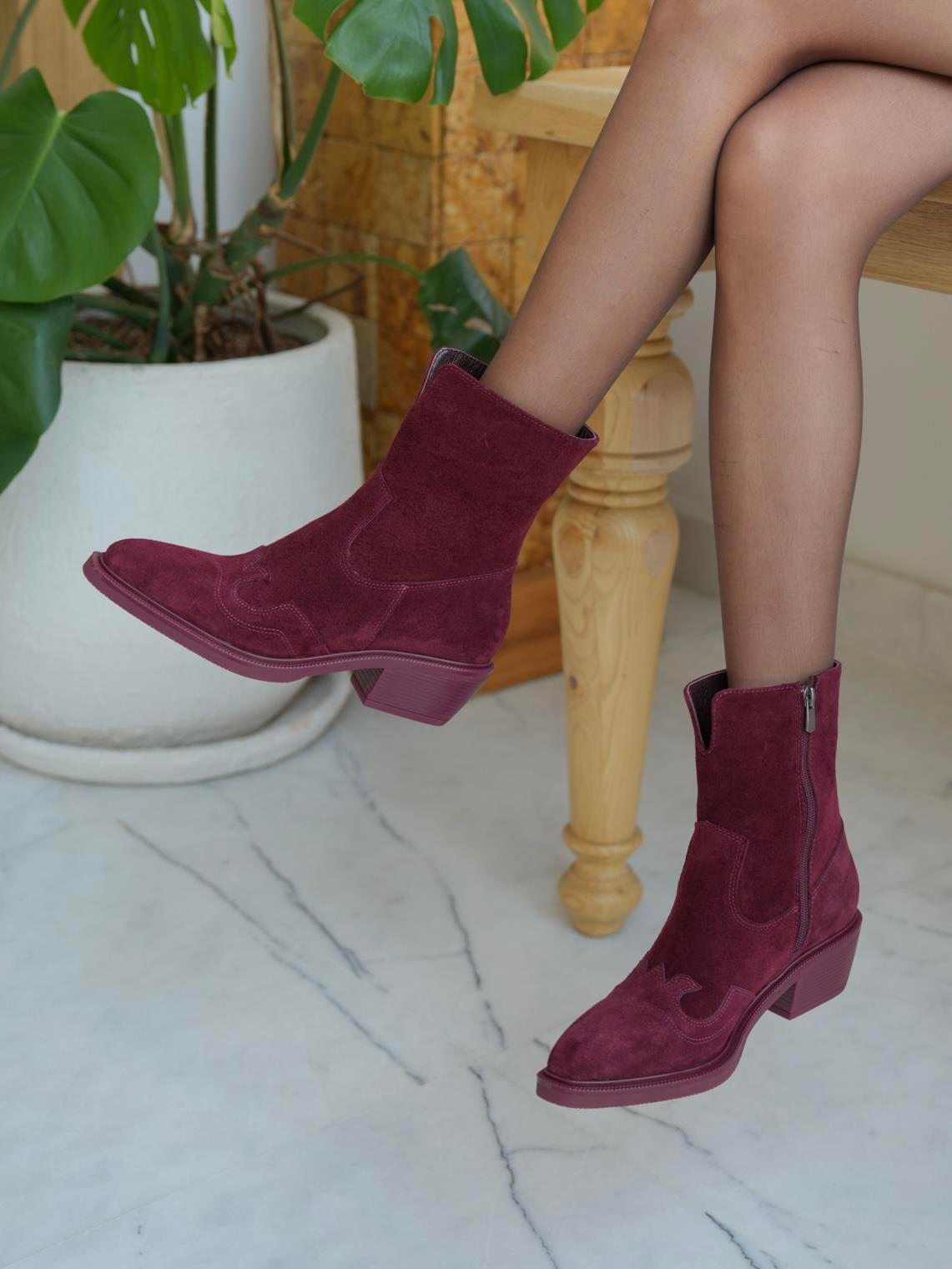 Krowe Bordo Süet Hakiki Deri Kadın Bot