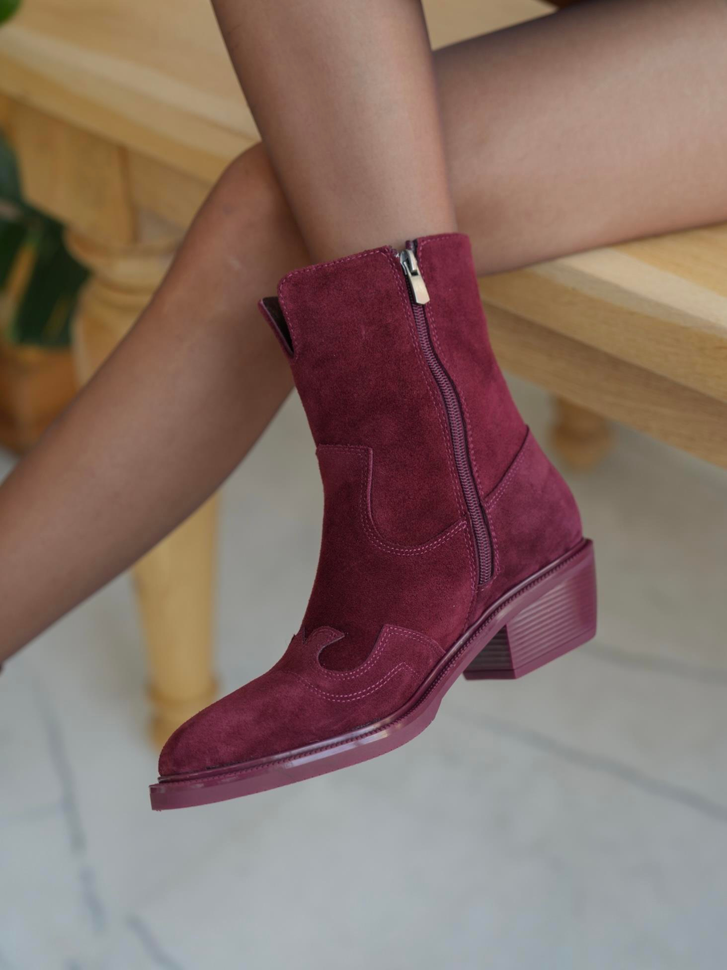 Krowe Bordo Süet Hakiki Deri Kadın Bot