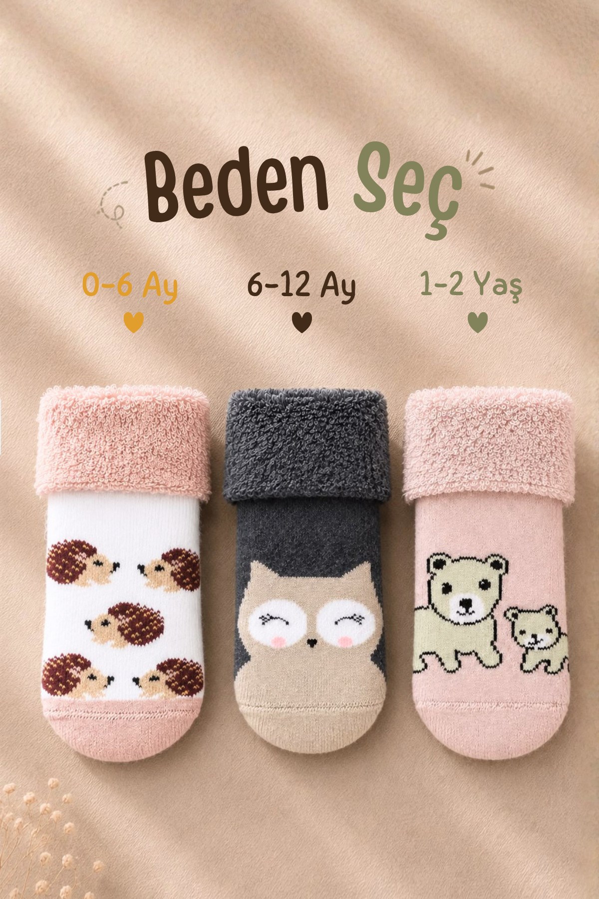 Çoçuk Çok Renkli Havlu Kıvrık Patik Çorap Desenli 3'lü Paket - 6-12 Ay