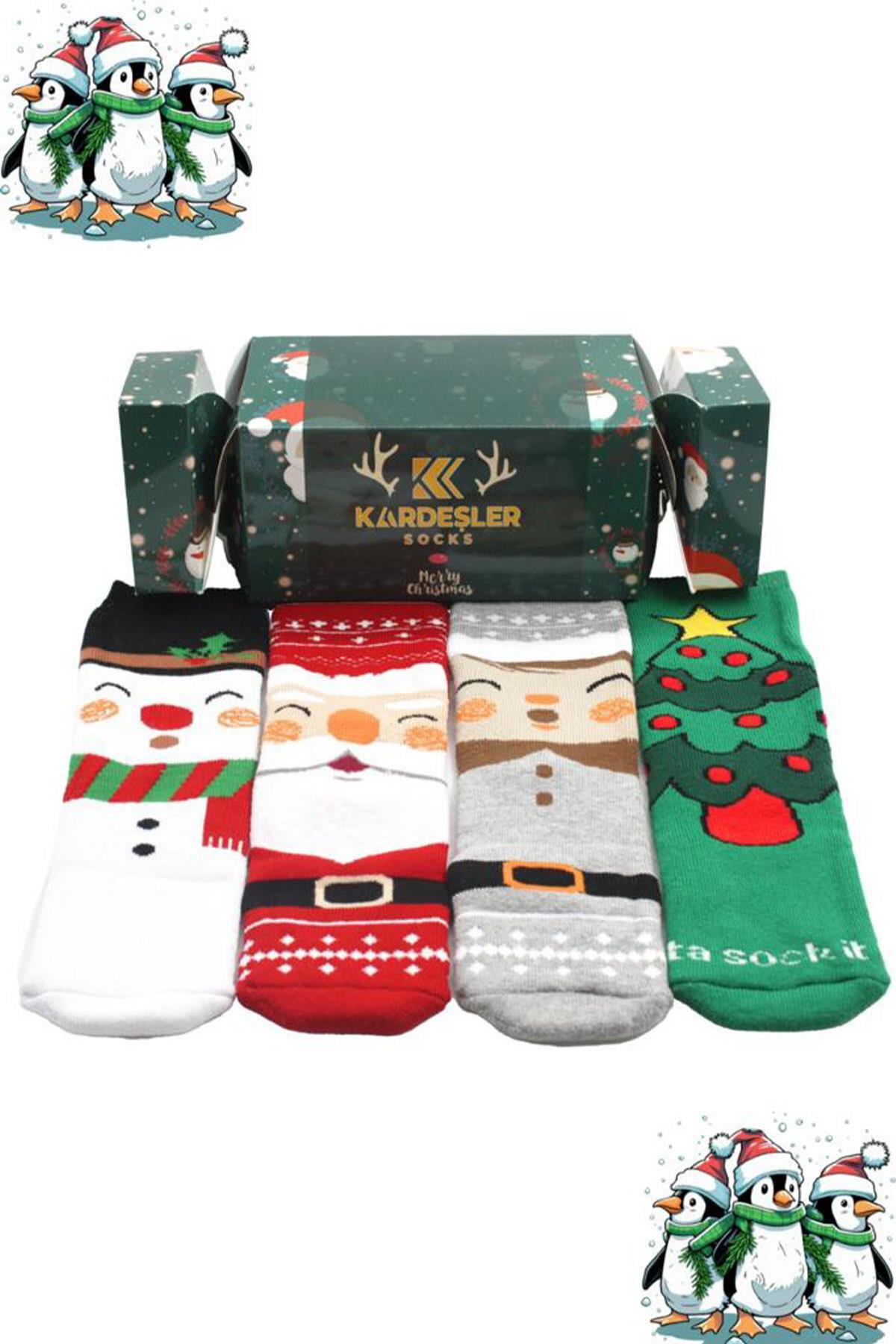 Çoçuk Havlu Yılbaşı Noel Christmas Çok Renkli Desenli Soket Çorap 4'lü Paket Premium Kutulu
