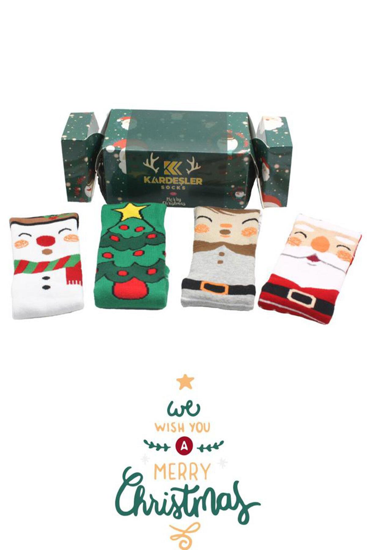 Çoçuk Havlu Yılbaşı Noel Christmas Çok Renkli Desenli Soket Çorap 4'lü Paket Premium Kutulu