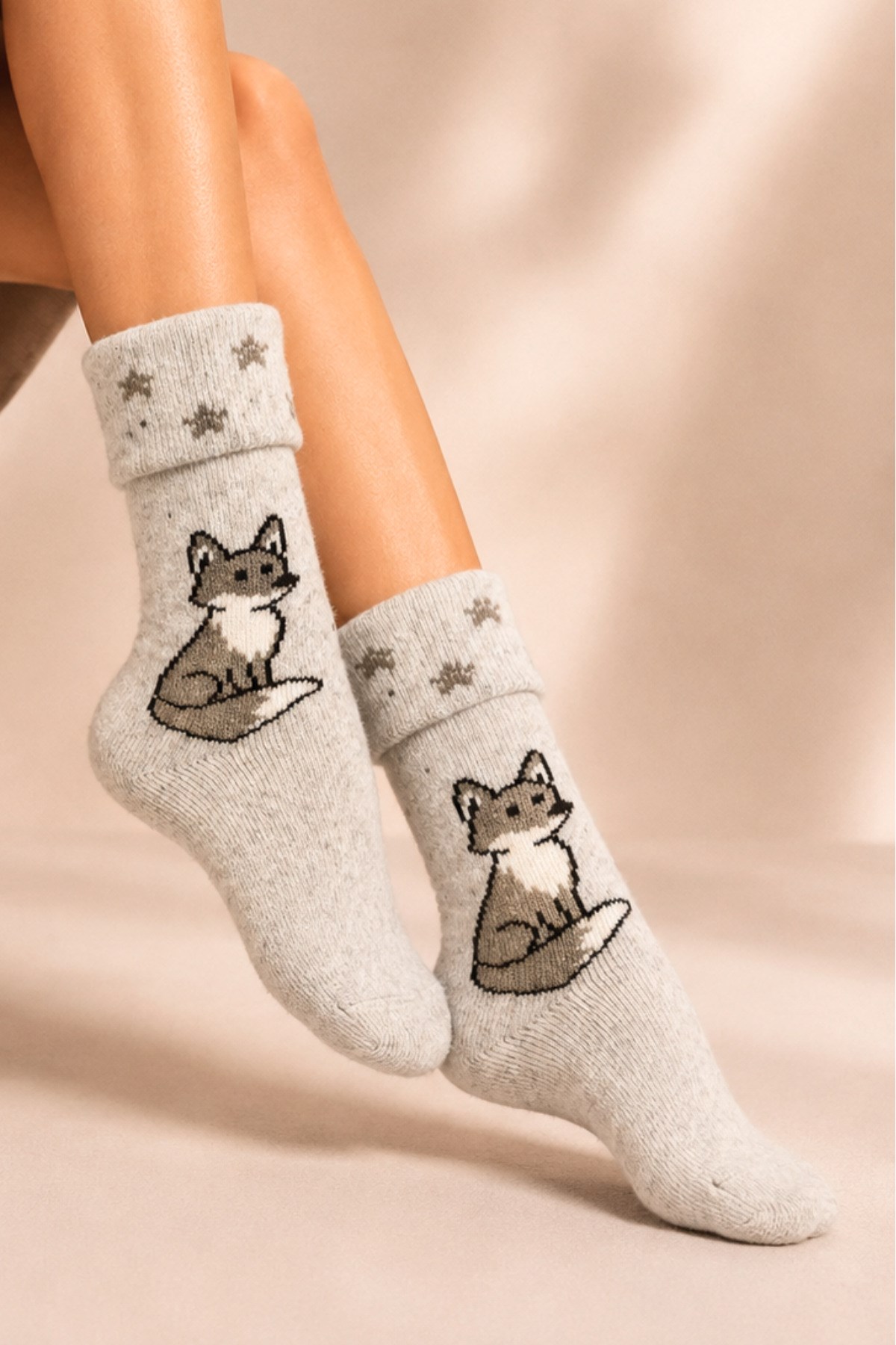 Kadın Desenli Kıvrık Havlu Lambswool Soket Çorap 4'lü Çorap - 36 - 40