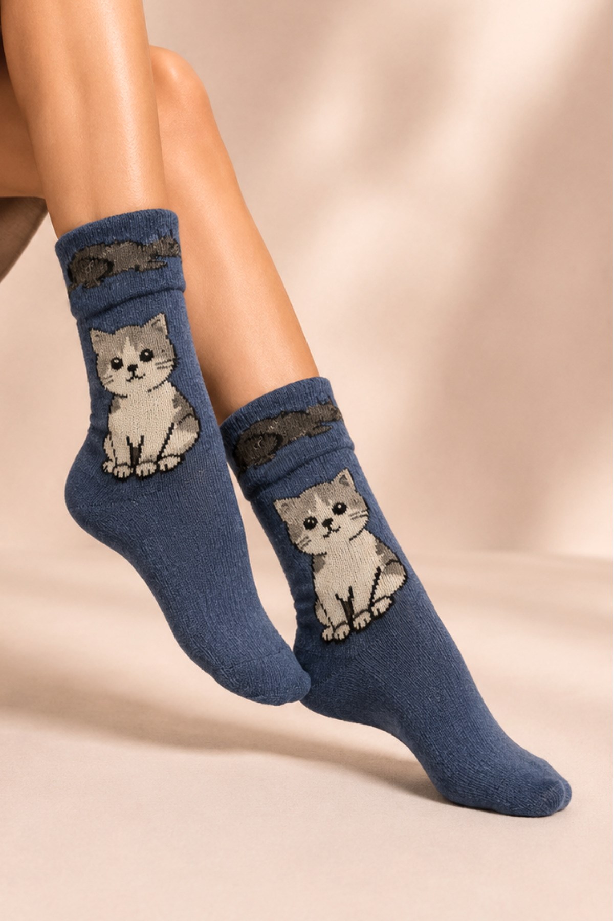 Kadın Desenli Kıvrık Havlu Lambswool Soket Çorap 4'lü Çorap - 36 - 40