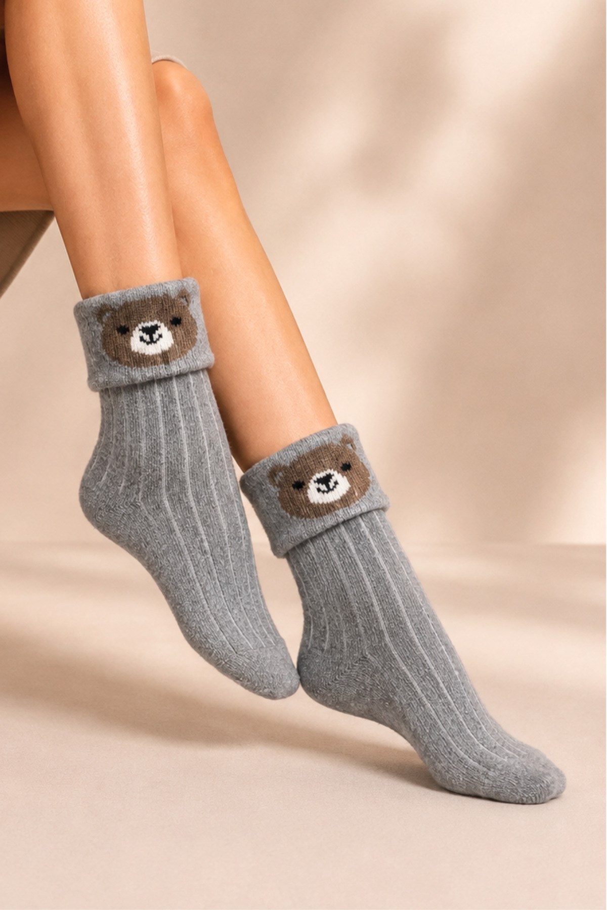Kadın Desenli Kıvrık Havlu Lambswool Soket Çorap 4'lü Çorap - 36 - 40