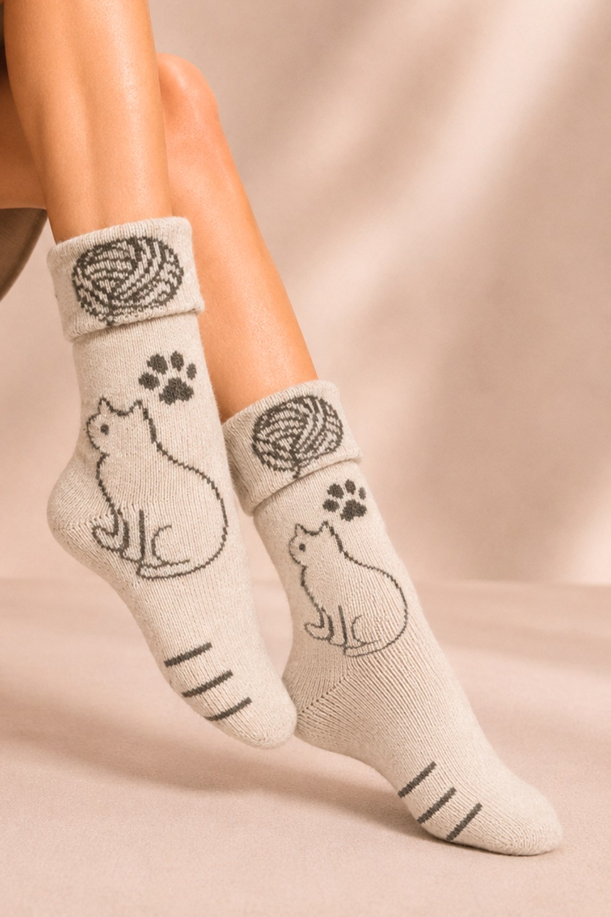 Kadın Desenli Kıvrık Havlu Lambswool Soket Çorap 4'lü Çorap - 36 - 40