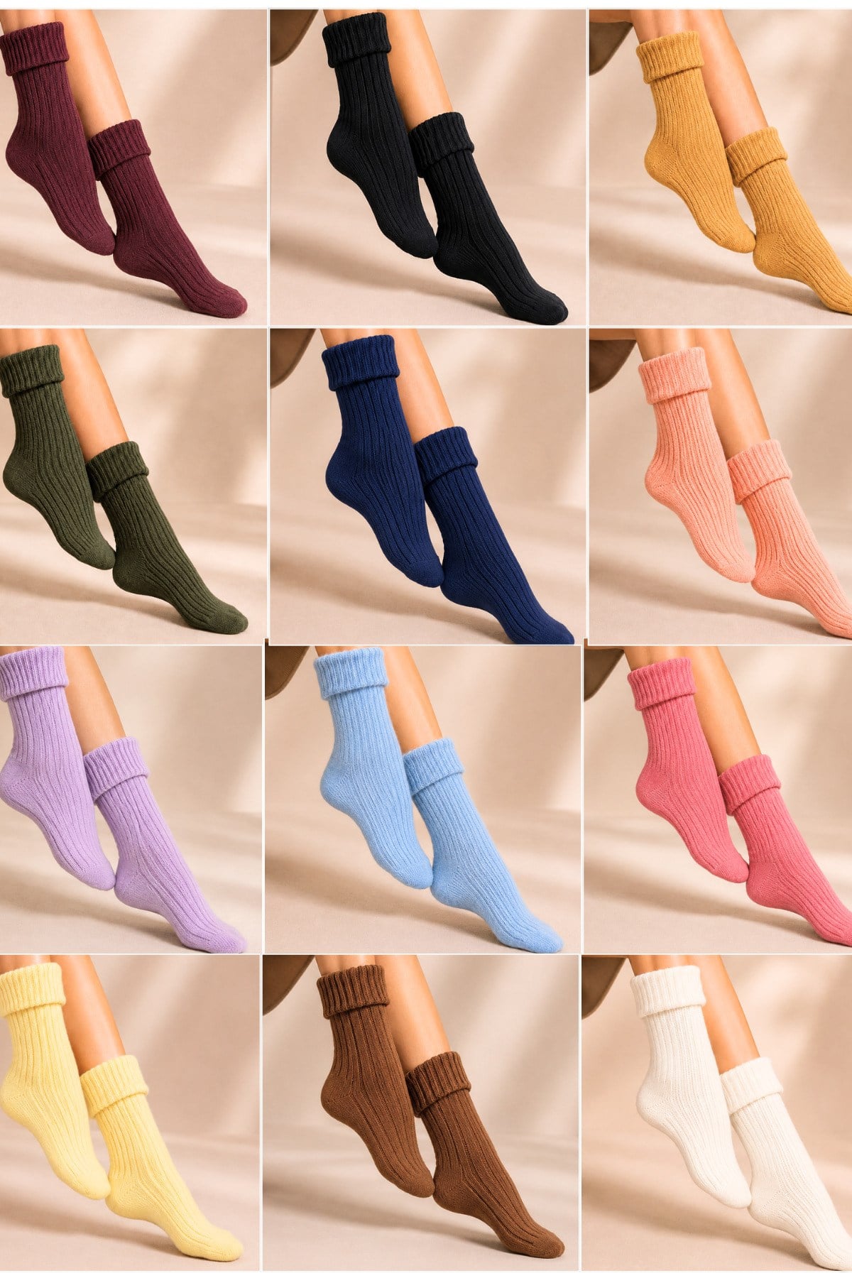 Kadın Kıvrık Lambswool Yün Yarım Konç Çorap 12'li Paket - 36 - 40