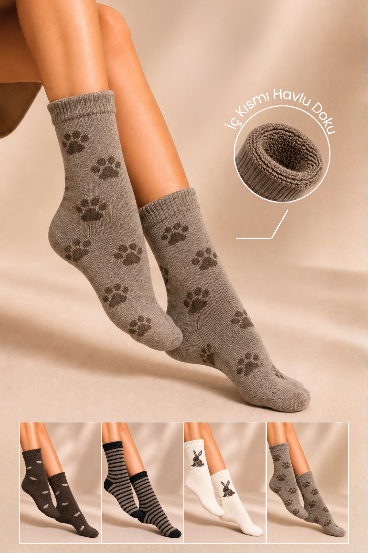 Kadın Lambswool Kışlık Soket Çorap 4'lu Paket - 36 - 40