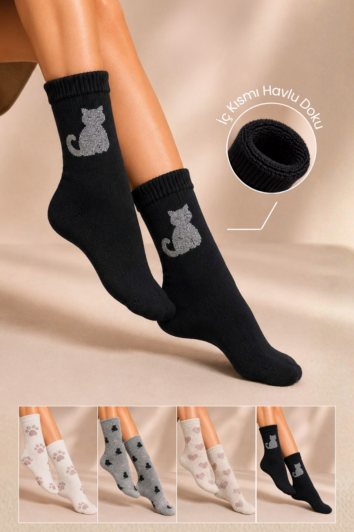 Kadın Lambswool Kışlık Soket Çorap 4'lu Paket - 36 - 40