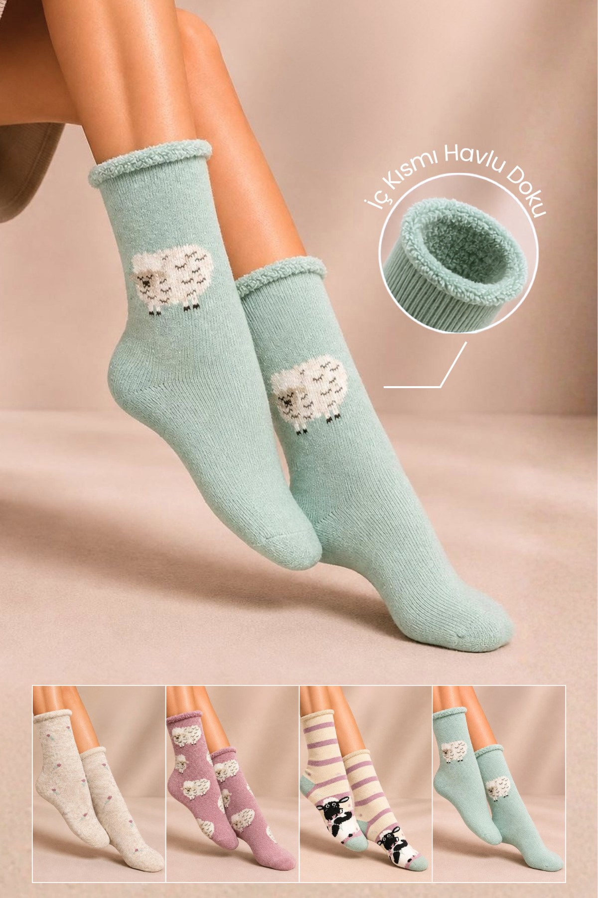 Kadın Lastiksiz Lambswool Kışlık Kalın Soket Çorap 4'lu Paket - 36 - 40