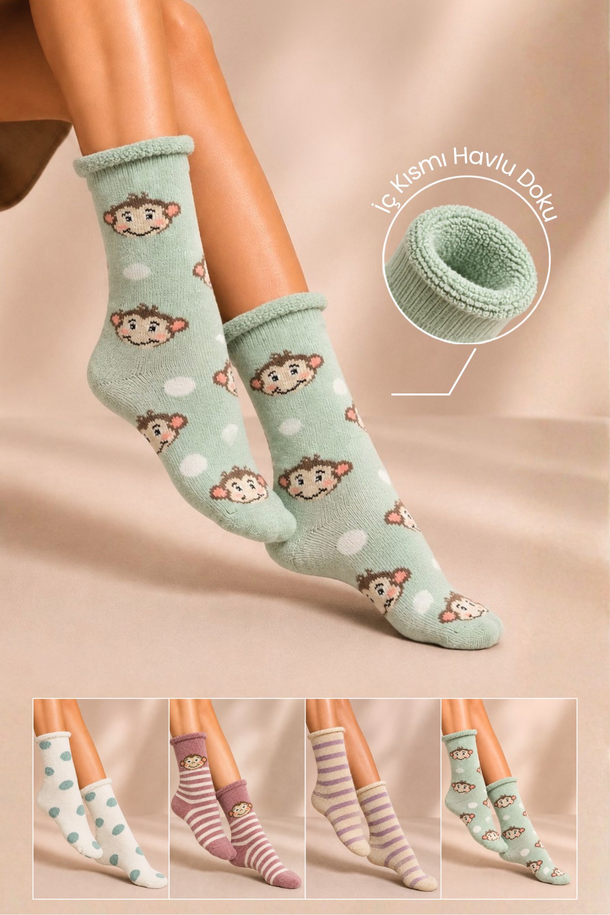 Kadın Lastiksiz Lambswool Kışlık Kalın Soket Çorap 4'lu Paket - 36 - 40