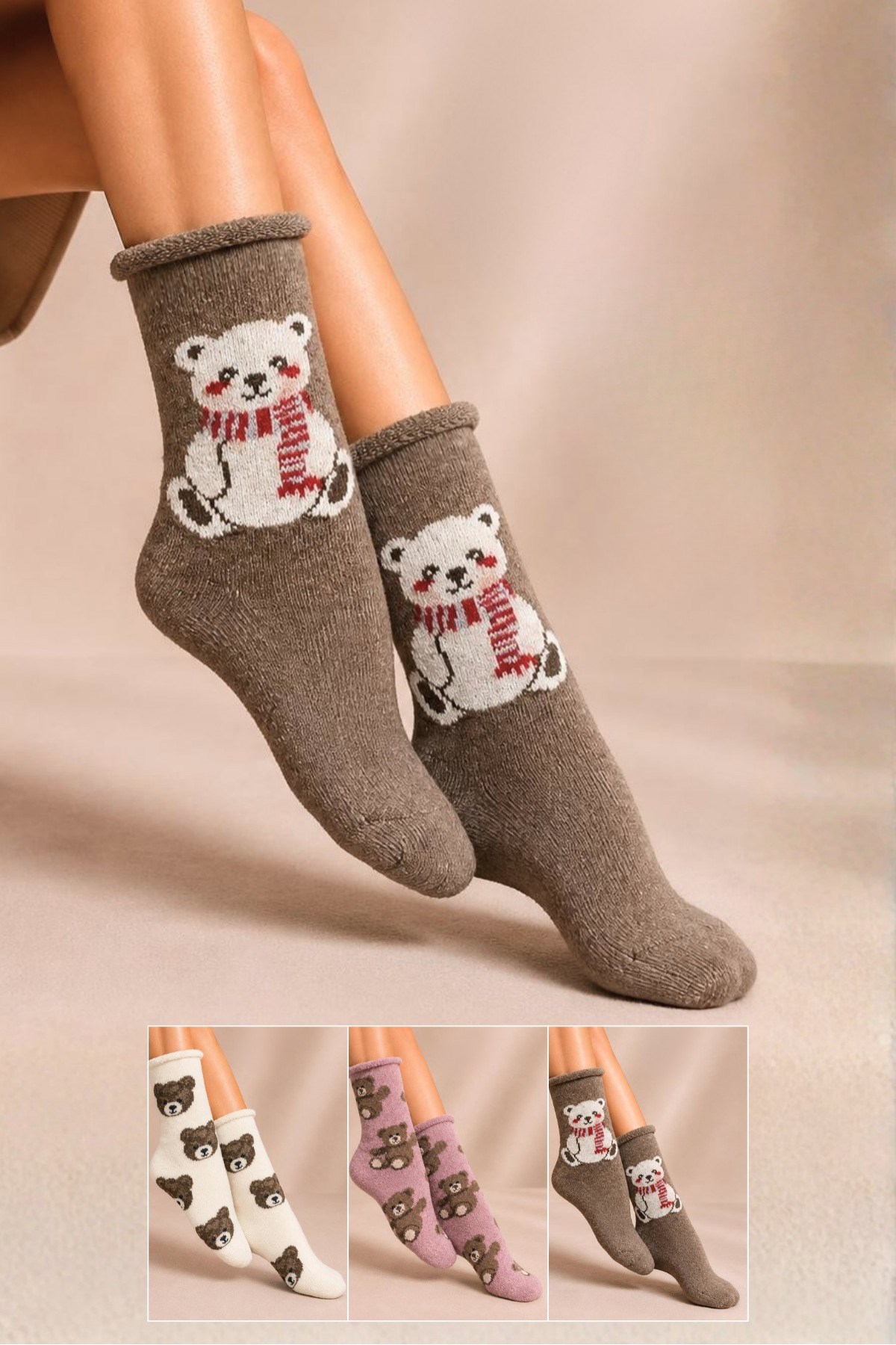 Kadın Lastiksiz Lambswool Kışlık Soket Çorap 3'lu Paket - 36 - 40