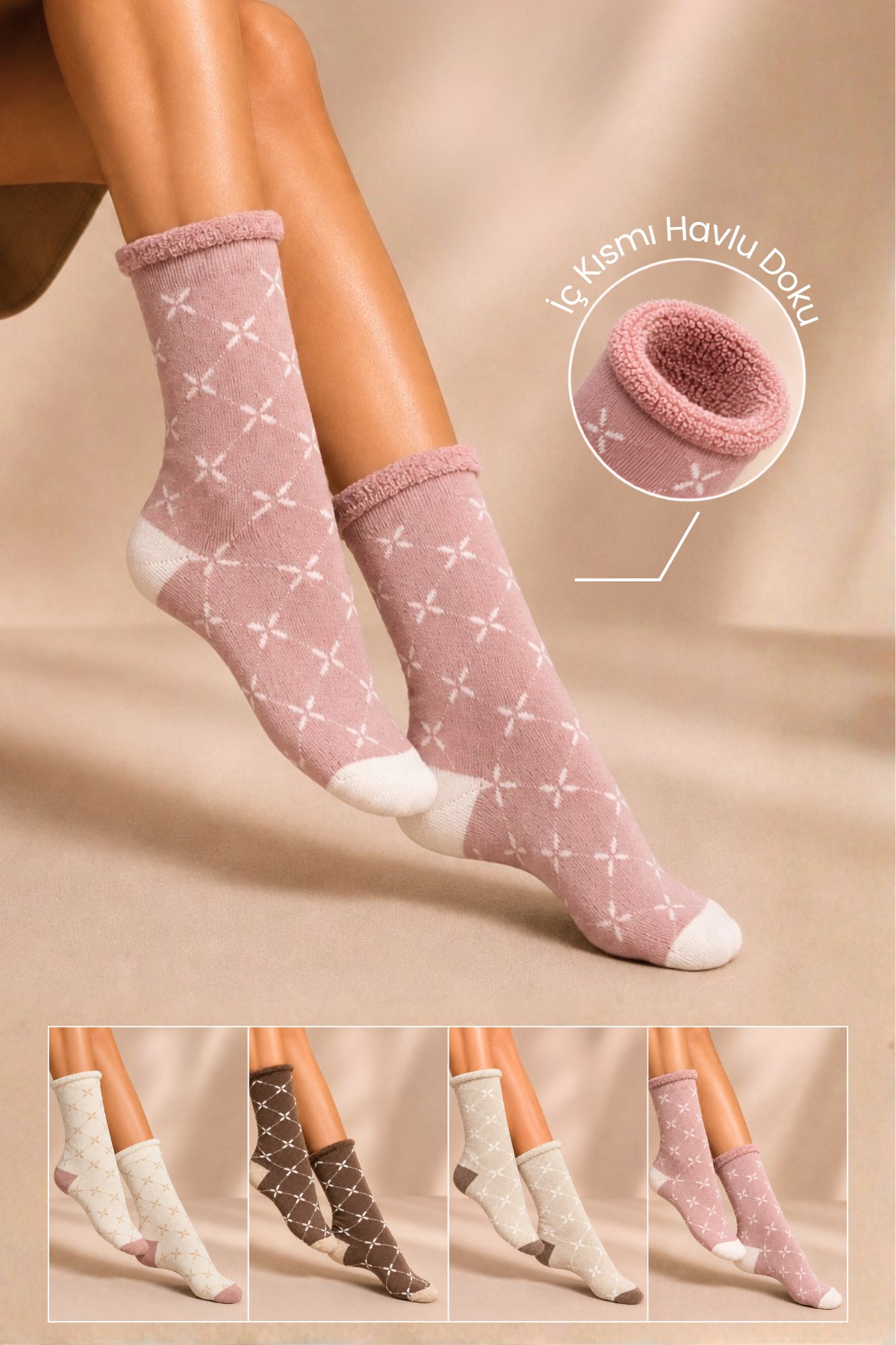 Kadın Lastiksiz Pamuklu Kışlık Kalın Soket Çorap 4'lu Paket - 36 - 40