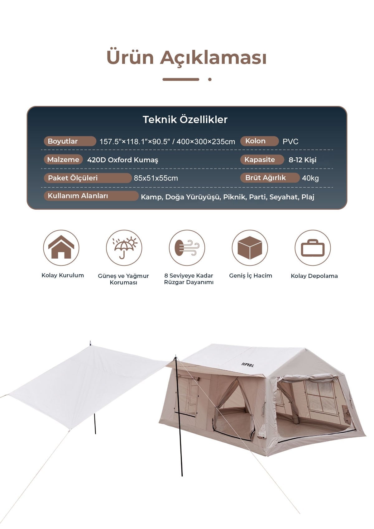 HABL 12 Kişilik 12X 12 m² - Tenteli Gölgelikli, 4 Mevsim, Su Geçirmez Şişme Çadır 400x300x235 cm