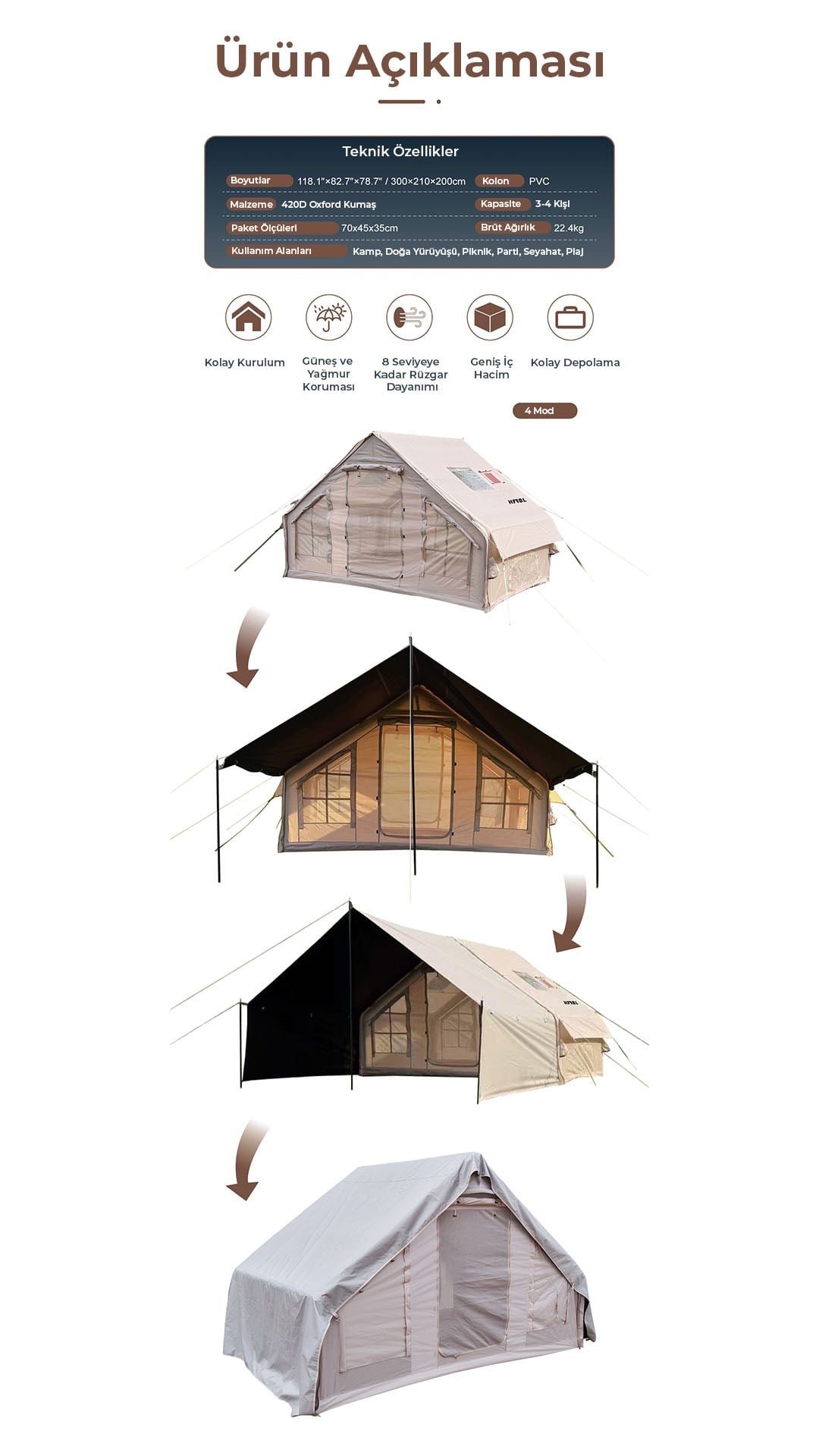 HABL 6 Kişilik 6.3 m² - Tenteli Gölgelikli, 4 Mevsim, Su Geçirmez Şişme Çadır 300x210x200 cm