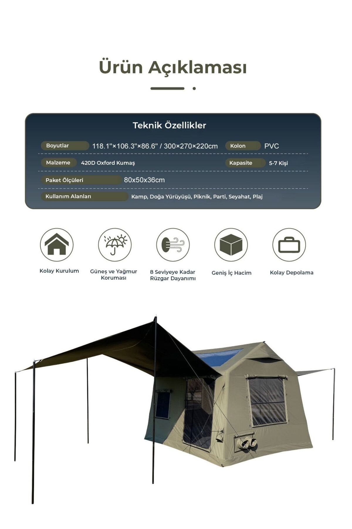 HABL 8 Kişilik 8.1 m² - Tenteli Gölgelikli, 4 Mevsim, Su Geçirmez Şişme Çadır 300x270x220 cm