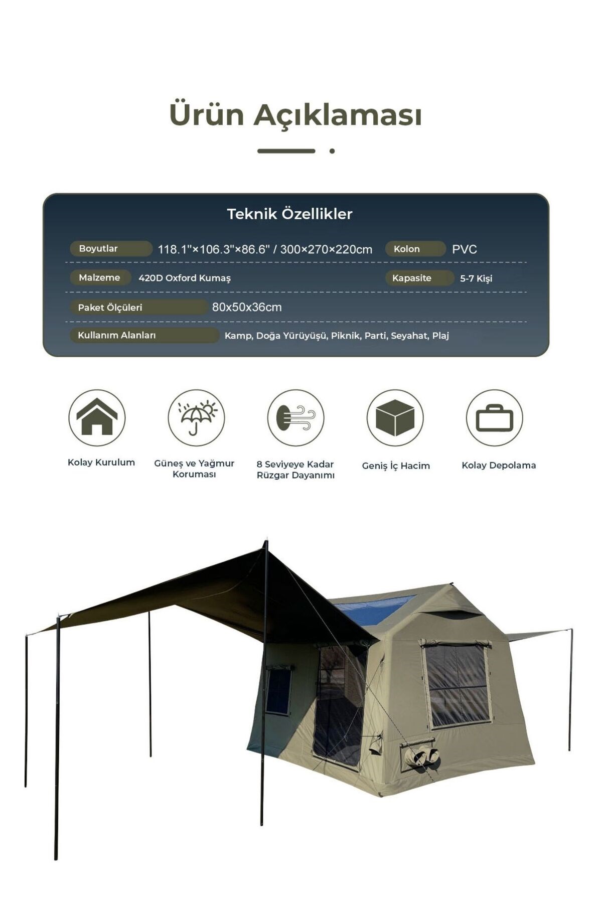 HABL 8 Kişilik 8.1 m² - Tenteli Gölgelikli, 4 Mevsim, Su Geçirmez Şişme Çadır 300x270x220 cm