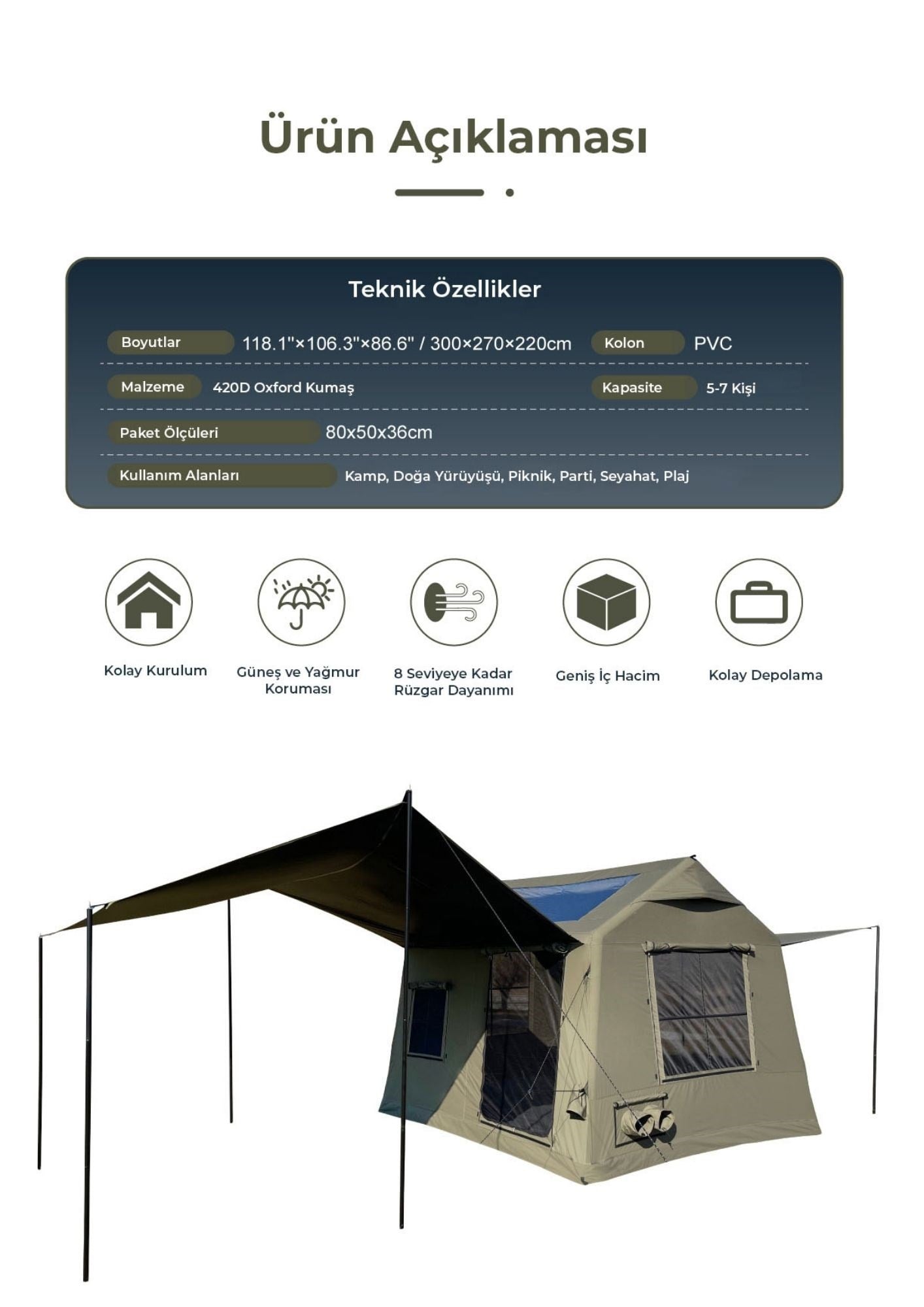 HABL 8 Kişilik 8.1 m² - Tenteli Gölgelikli, 4 Mevsim, Su Geçirmez Şişme Çadır 300x270x220 cm