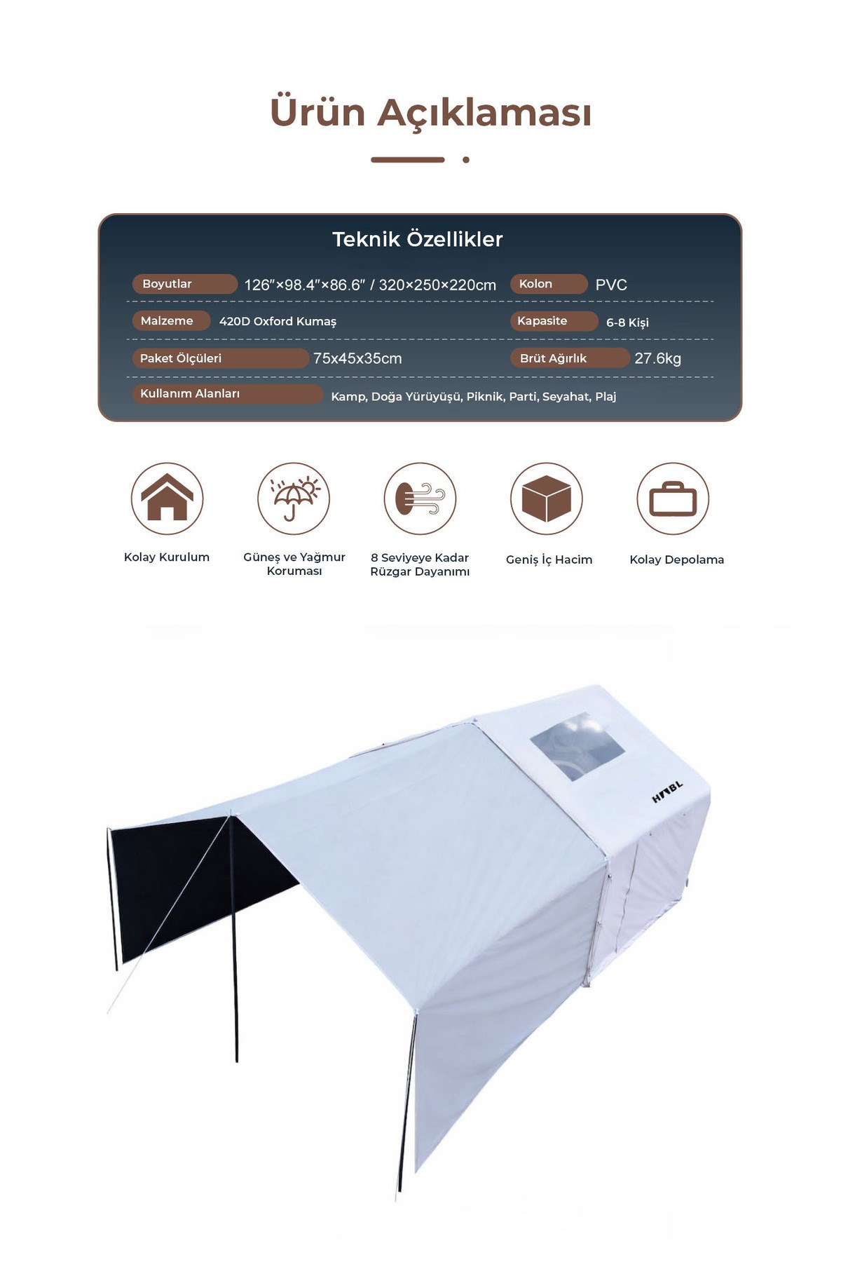 HABL 8 Kişilik 8 m² - Tenteli Gölgelikli, 4 Mevsim, Su Geçirmez Şişme Çadır 320x250x220 cm