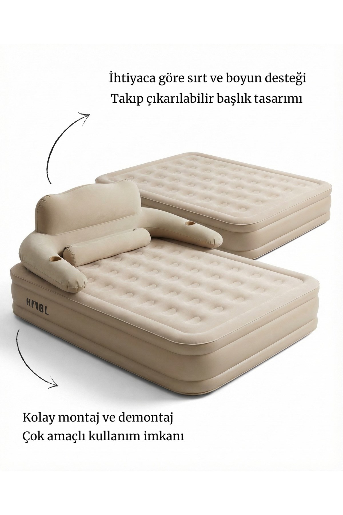 HABL Çift Kişilik Otomatik Şişme Yatak Çıkarılabilir Başlıklı Kamp ve Misafir Yatağı 203x152x40cm