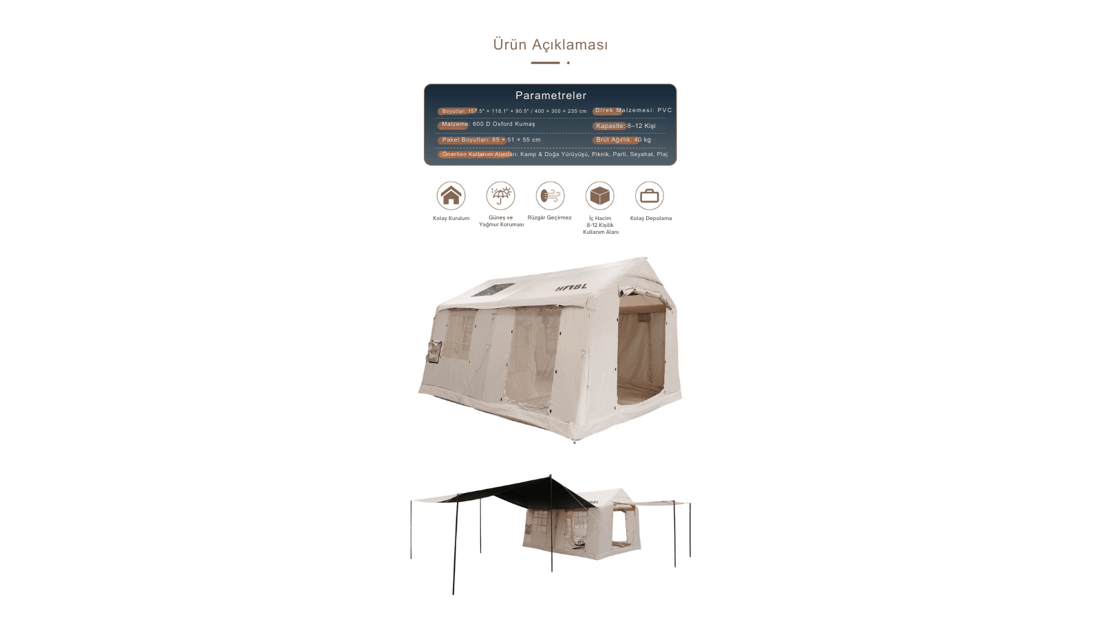 Habl Çift Tenteli Şişme Kamp Çadırı 420D Güçlendirilmiş Kumaş - 12 M2 - 2 Odalı