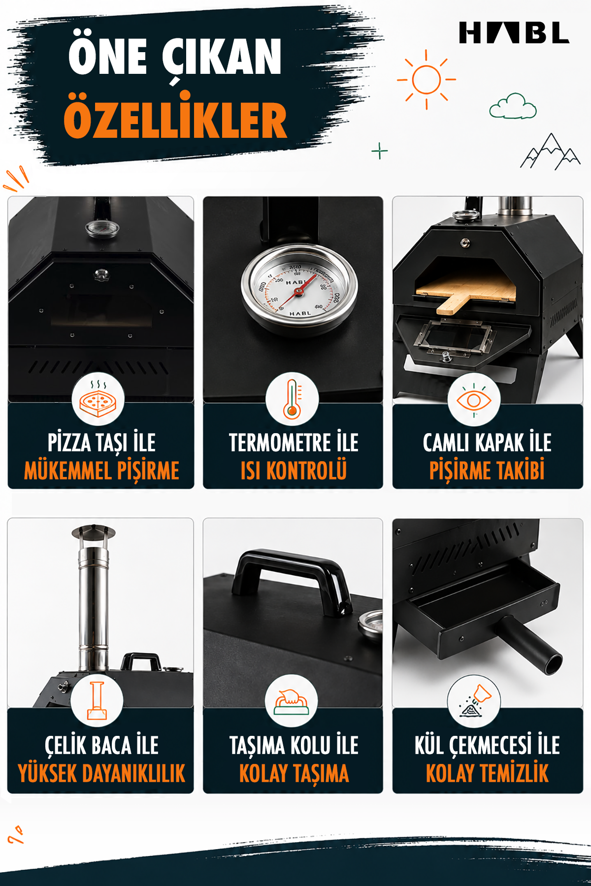 HABL Portatif Pizza Fırını Odun ve Kömürlü Taşıma Çantalı Pizza Taşı Dahil Kamp Tipi Fırın